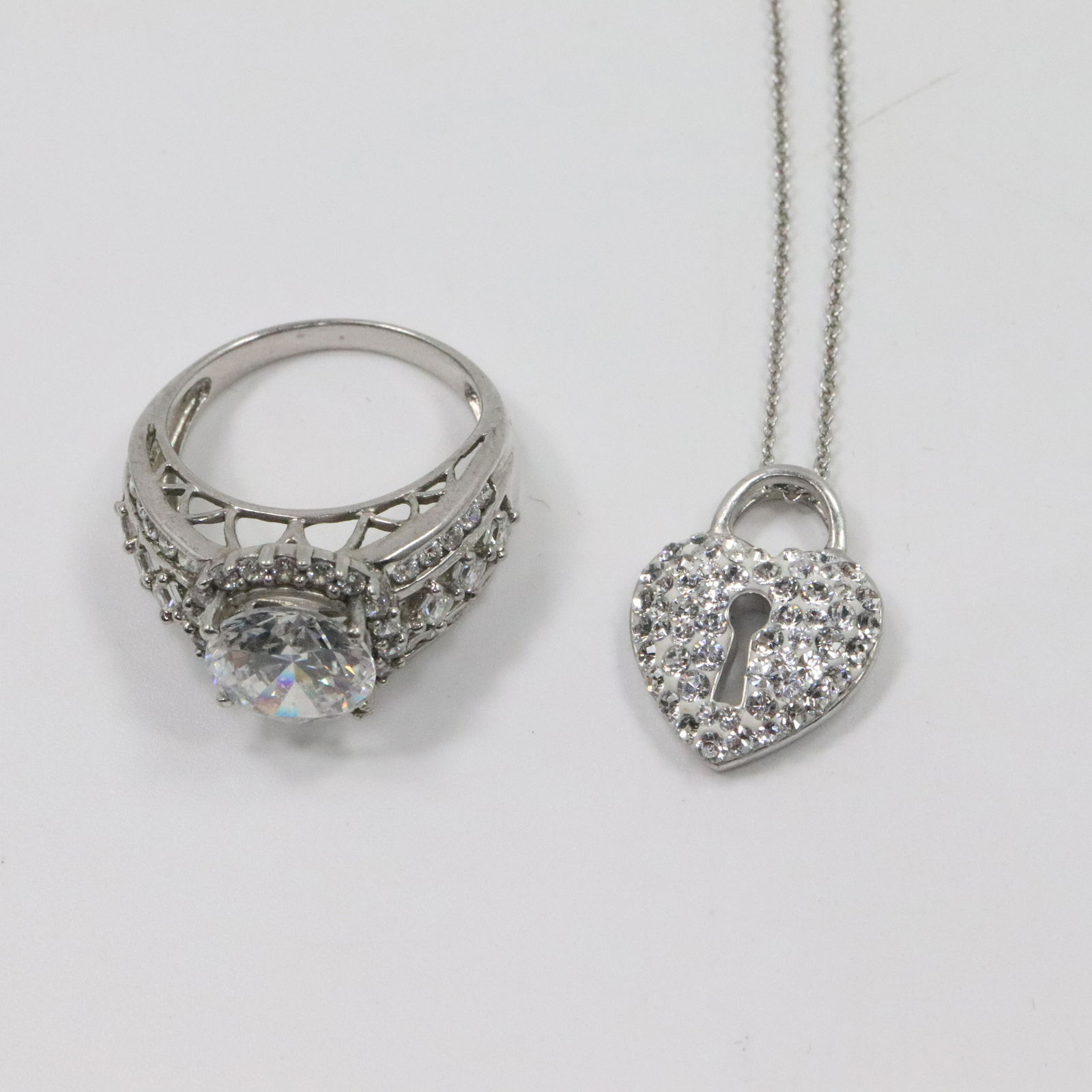 .925 Sterling Heart Lock CZ Necklace; .925 CZ Enga Ring (1 of 11)