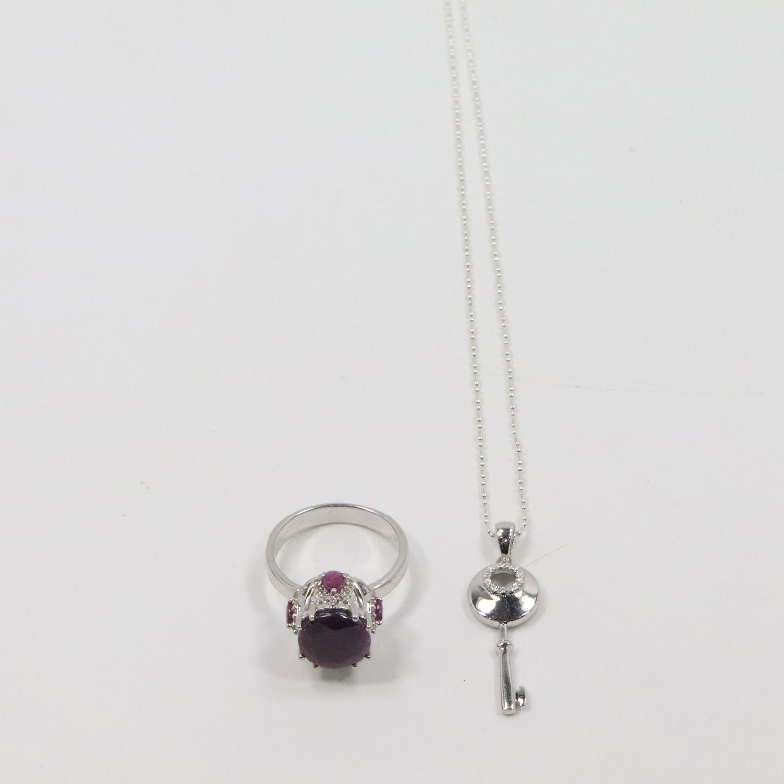 .925 Sterling CZ Key Pendant Neck.925 Rubies Diam. Ring (1 of 10)