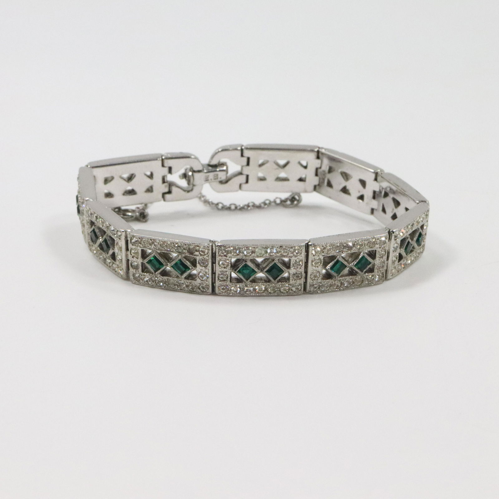 14K White Gold Art Deco Bracelet Syn Emeralds CZs (1 of 7)