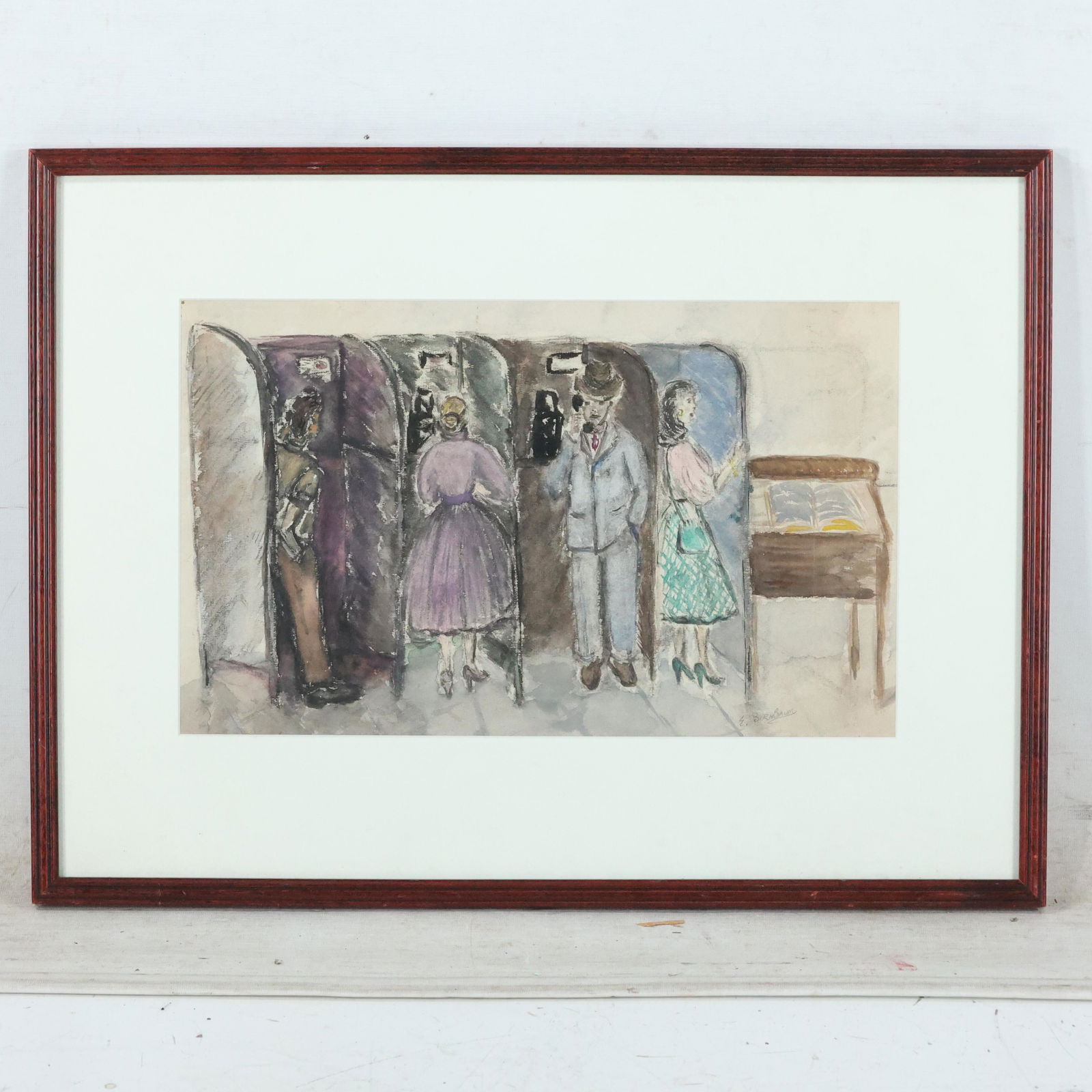 1950s Watercolor Painting Figures in Phone Booths (1 of 10)