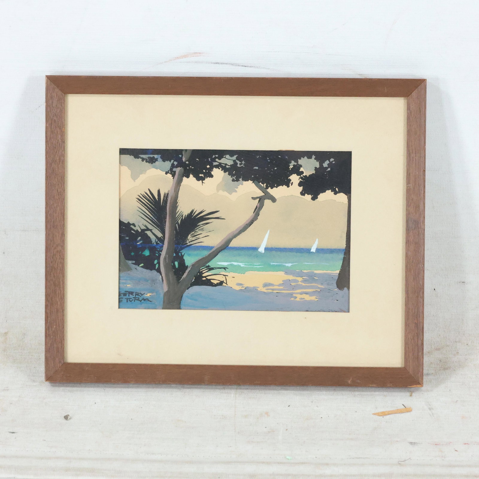 Gerry Storm, Gouache Painting Coastal with Sailboats: Gerry Storm, Gouache Painting Coastal with Sailboats. Vintage painting, Signed, Original framing. size: 4.5 x 6.5 matte, 8.5 x 10.5 outside frame