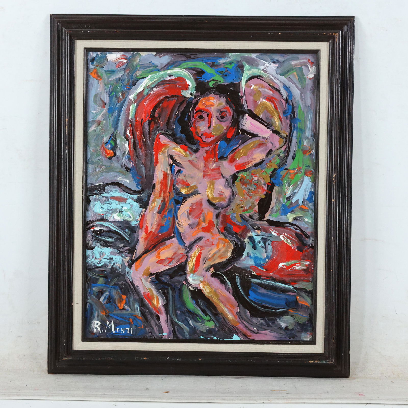 Rocco Monticolo, R Monti, Oil/c Nude Woman with Wings: Rocco Monticolo, R Monti, Oil/c Nude Woman with Wings. Oil on canvas painting, Signed, Framed. Well listed American Artist. size: 20 x 16, 24.75 x 20.75 outside frame. ASKart: Rocco Monticolo is a pop