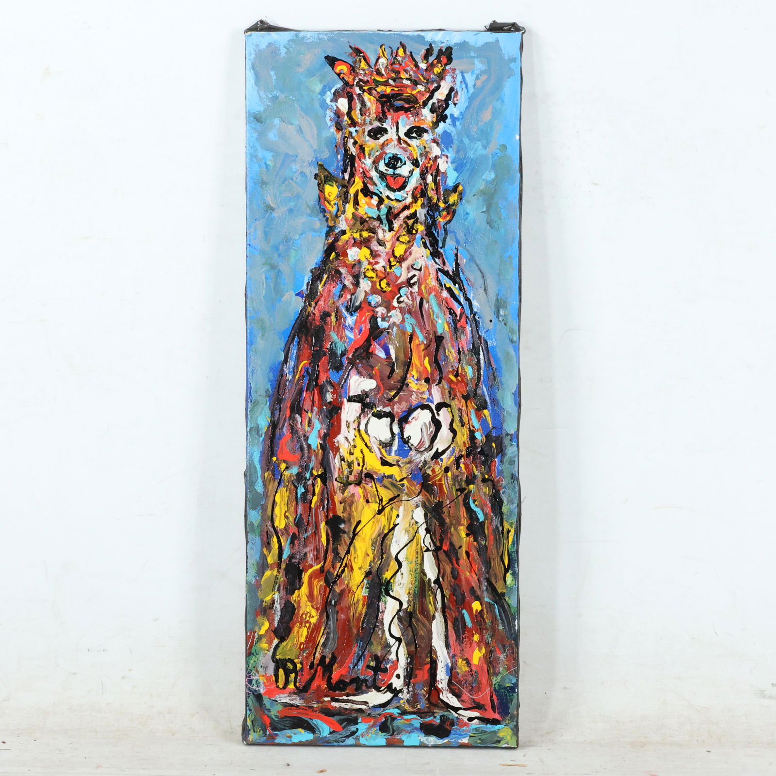 Rocco Monticolo, R Monti, Oil/c DOG KING in Crown, Gown: Rocco Monticolo, R Monti, Oil/c DOG KING in Crown, Gown. Oil on canvas painting, Signed, Well listed American Artist. size: 28.5 x 10.75. ASKart: Rocco Monticolo is a popular Mid-Century Modern Abstra