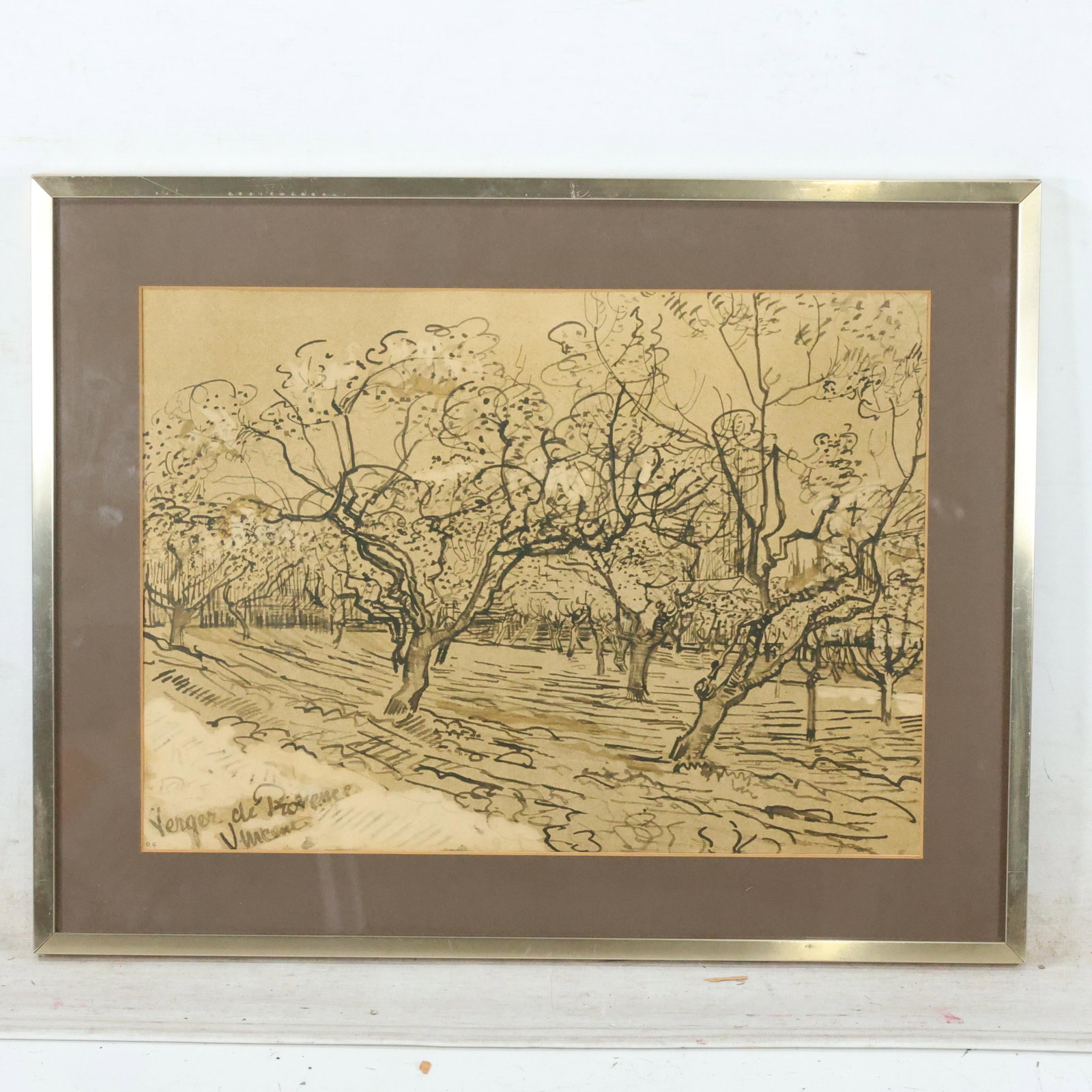 Vincent Van Gogh, Vintage Landscape Lithograph: Vincent Van Gogh, Vintage Landscape Lithograph, "Yerger De Provence", "Vincent" Original framing. size: 14 x 19 matte, 19.25 x 24.75 outside frame