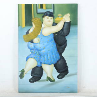 W James after Fernando Botero, Woman & Man Dancing O/c: W James after Fernando Botero, Round Woman & Man Dancing O/c. Oil on canvas painting. Signed W James. size: 36 x 24