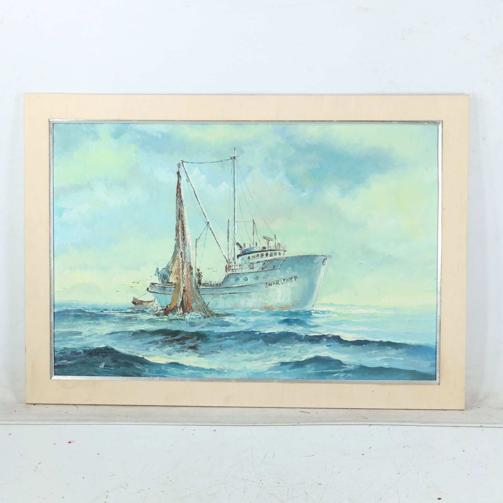 P G Tiate, Oil Painting Large Sea Fishing Boat: P G Tiate, Oil Painting Large Sea Fishing Boat. Oil on canvas, Signed, Framed. size: 24 x 26, 29 x 41 outside fame