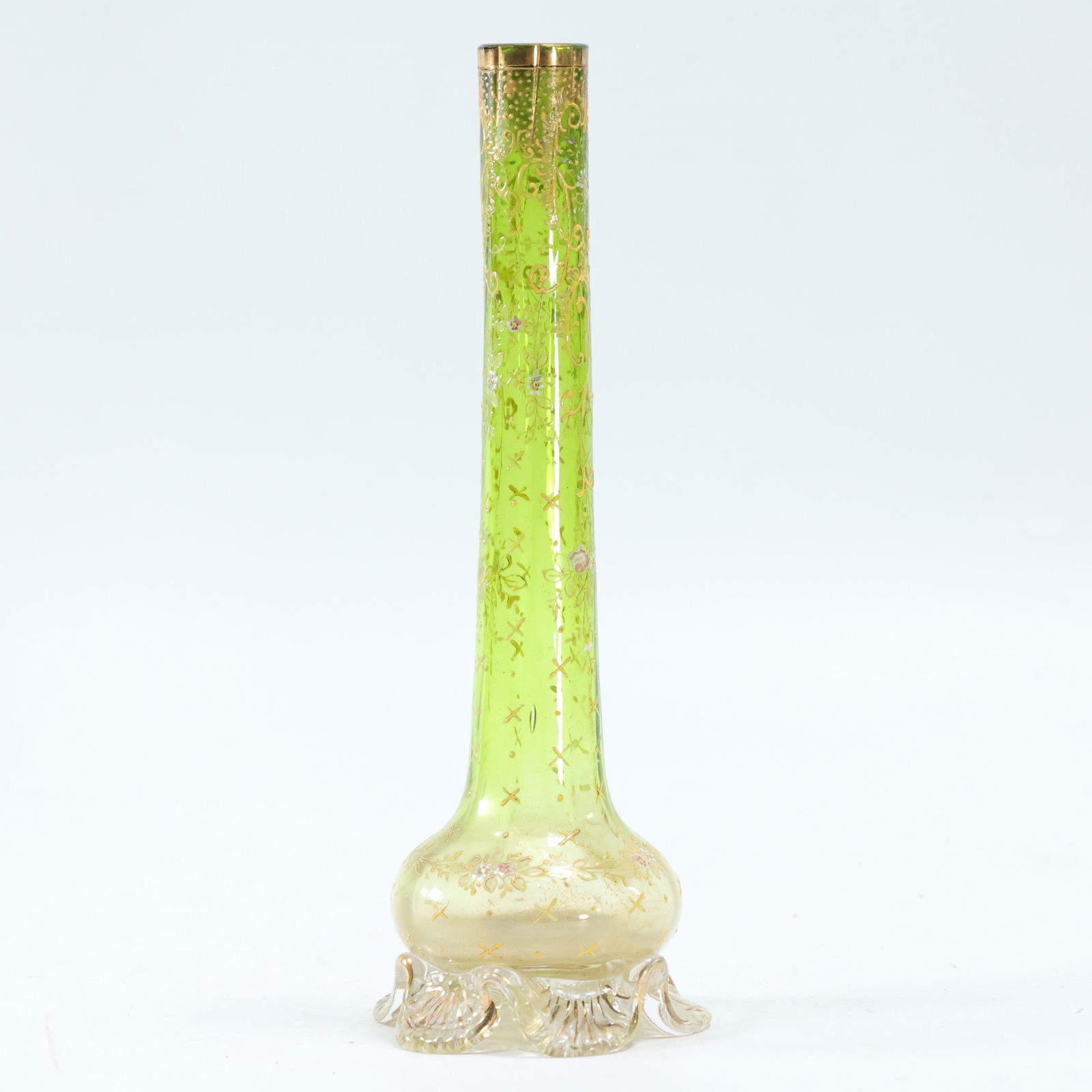19th C. Moser Glass Tall Green Bottle Neck Vase