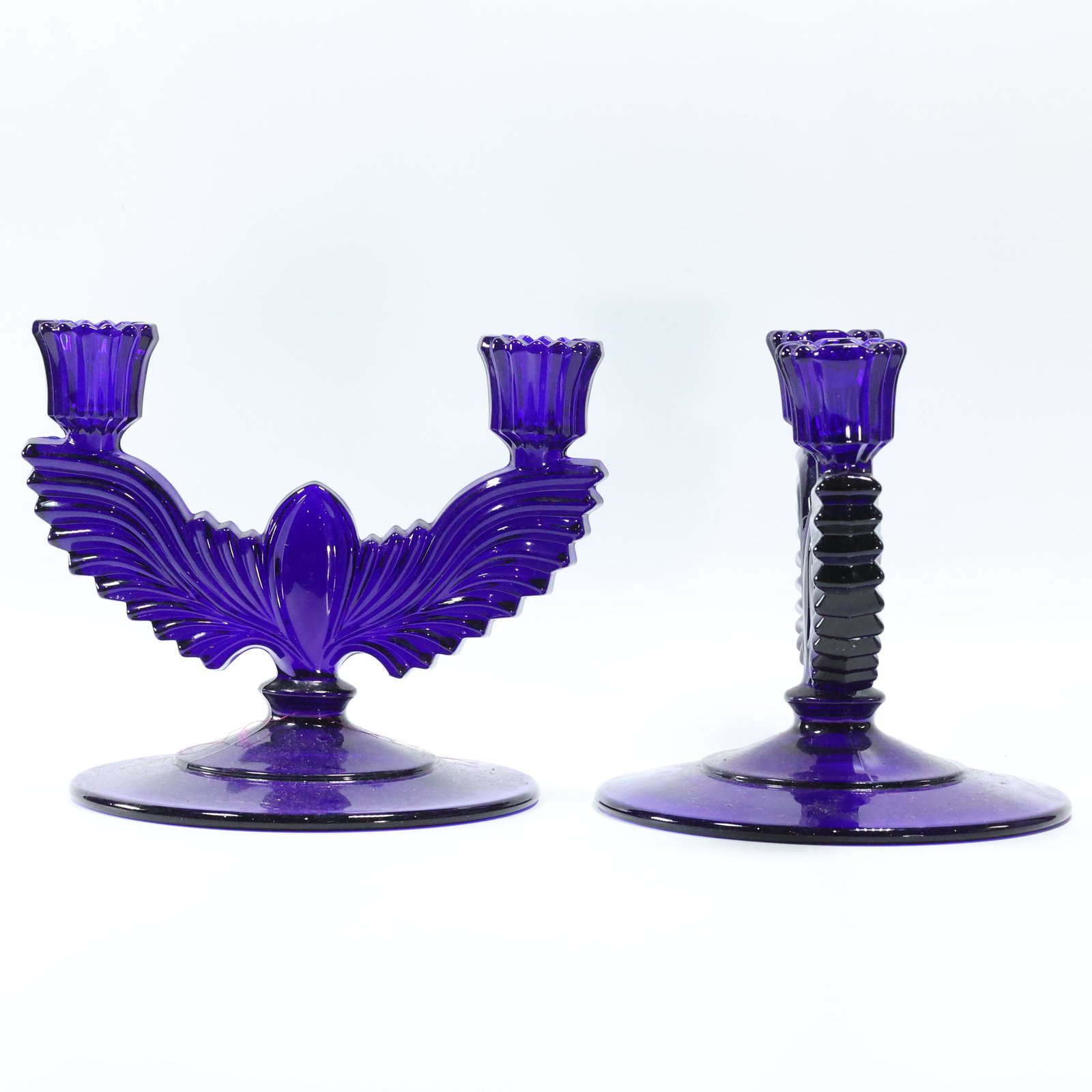 Pair Elegant Cobalt Blue Glass Double Candlesticks (1 of 6)