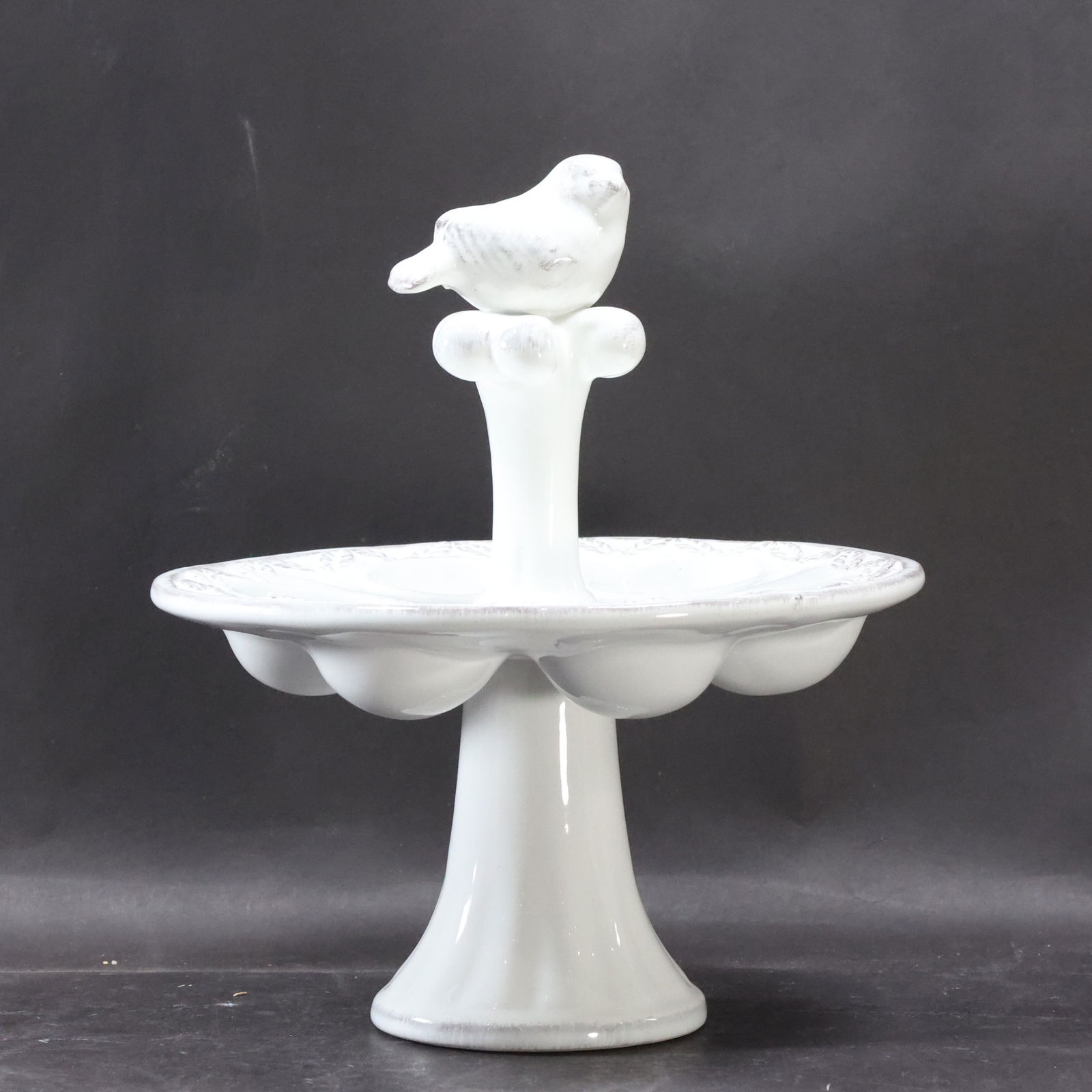Vintage White Ceramic Table Top Birdbath with Bird (1 of 5)