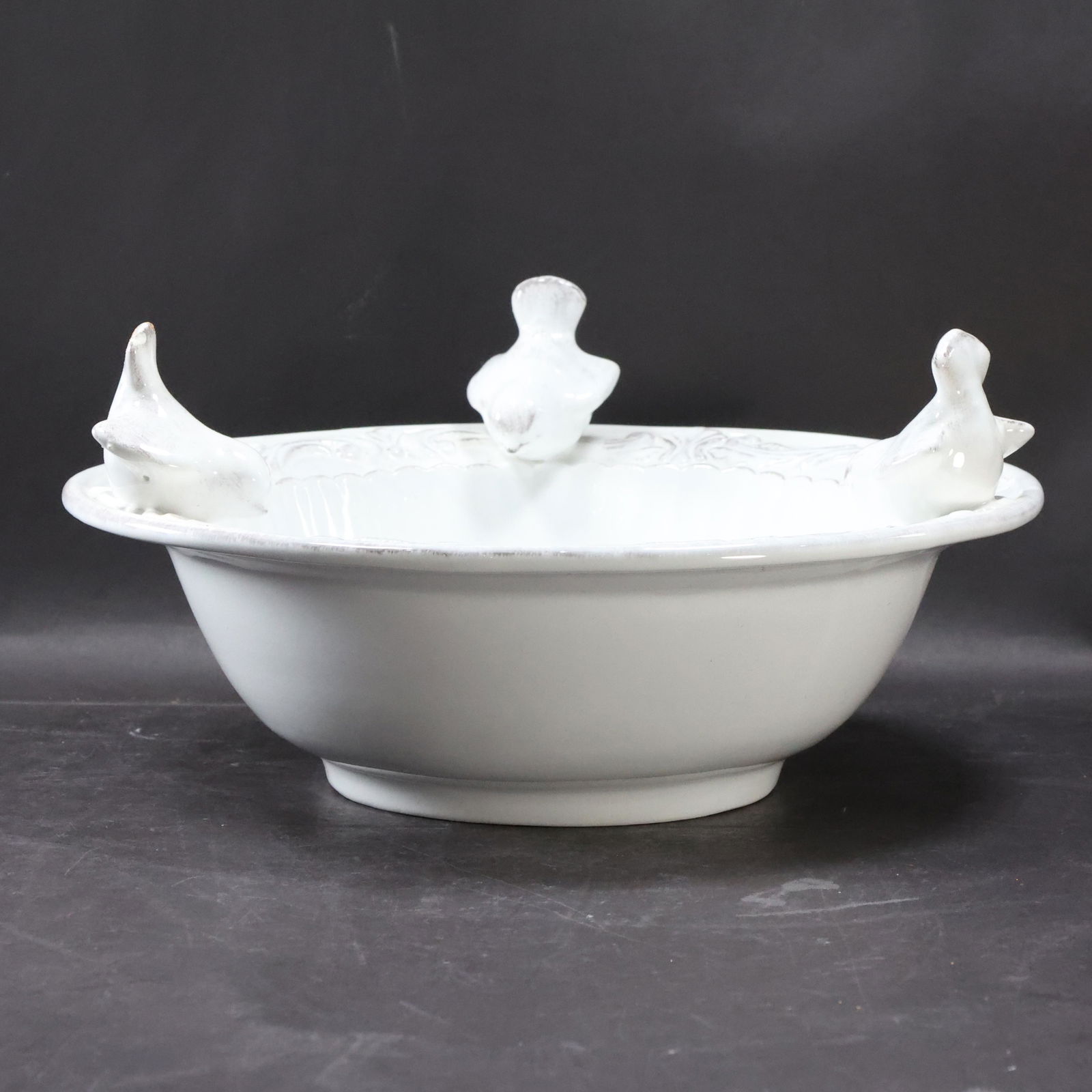 Italian White Ceramic Birdbath Bowl with 3 Birds (1 of 5)