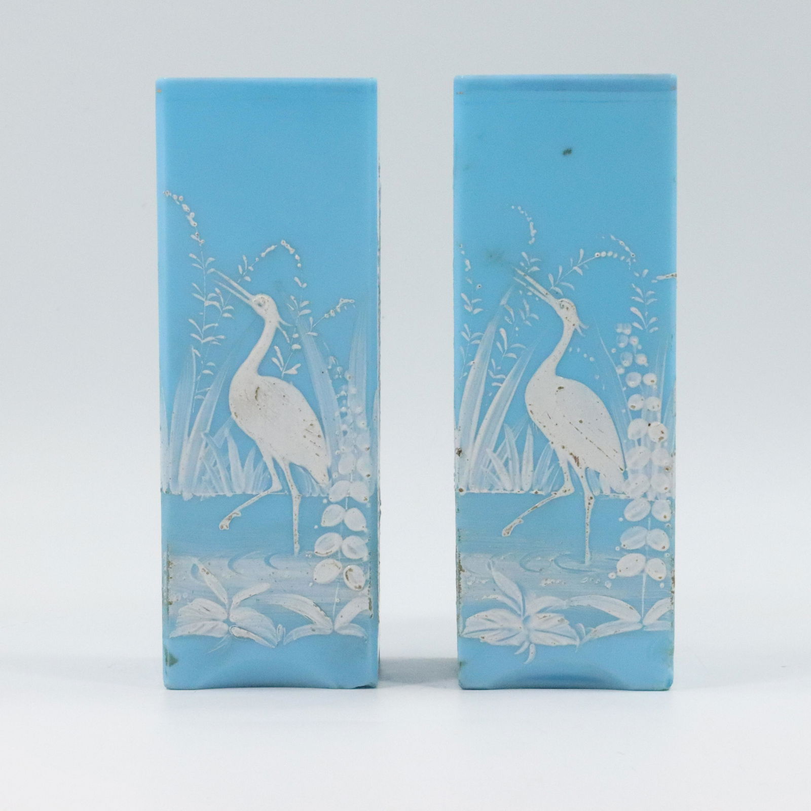 [2] 19th C. Blue Glass Square Vases Enameled Herons (1 of 8)