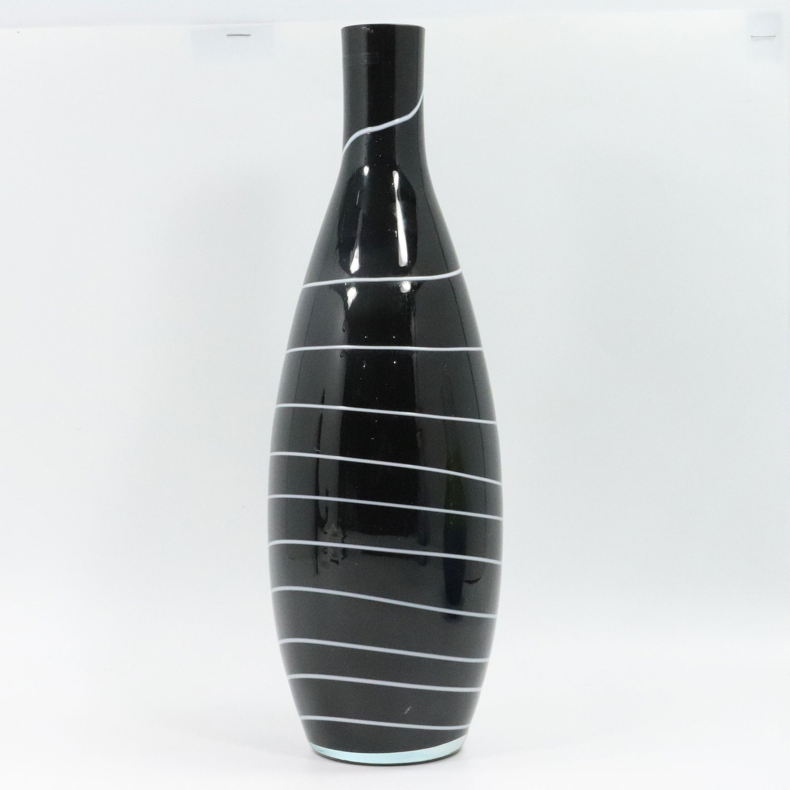 Mid-Century Modern Black Glass Bowling Pin Vase Striped (1 of 7)