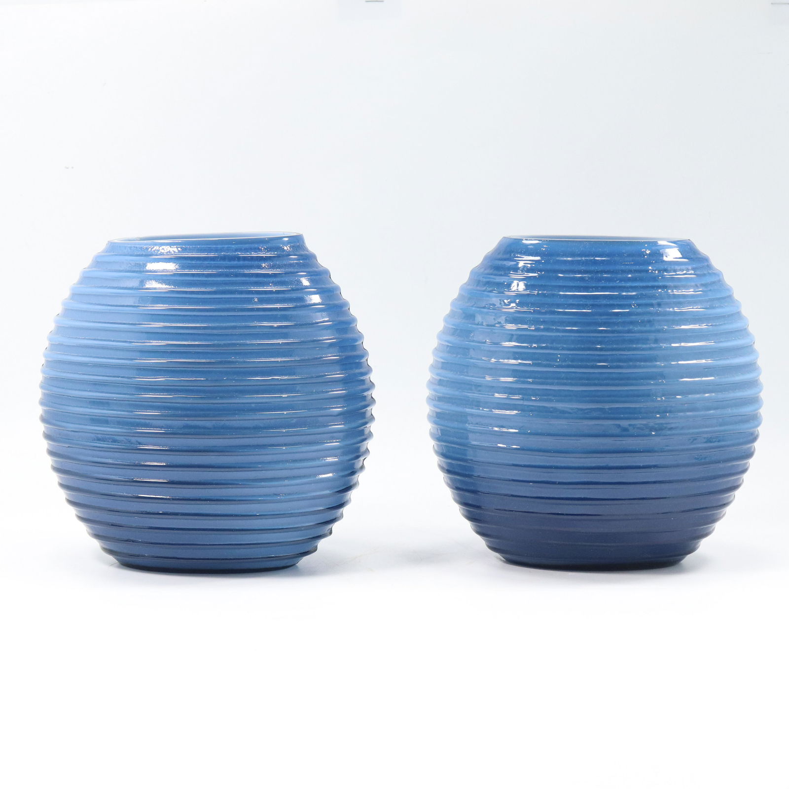 2 Mid-Century Modern Blue Glass Vases Ribbed Pattern (1 of 9)