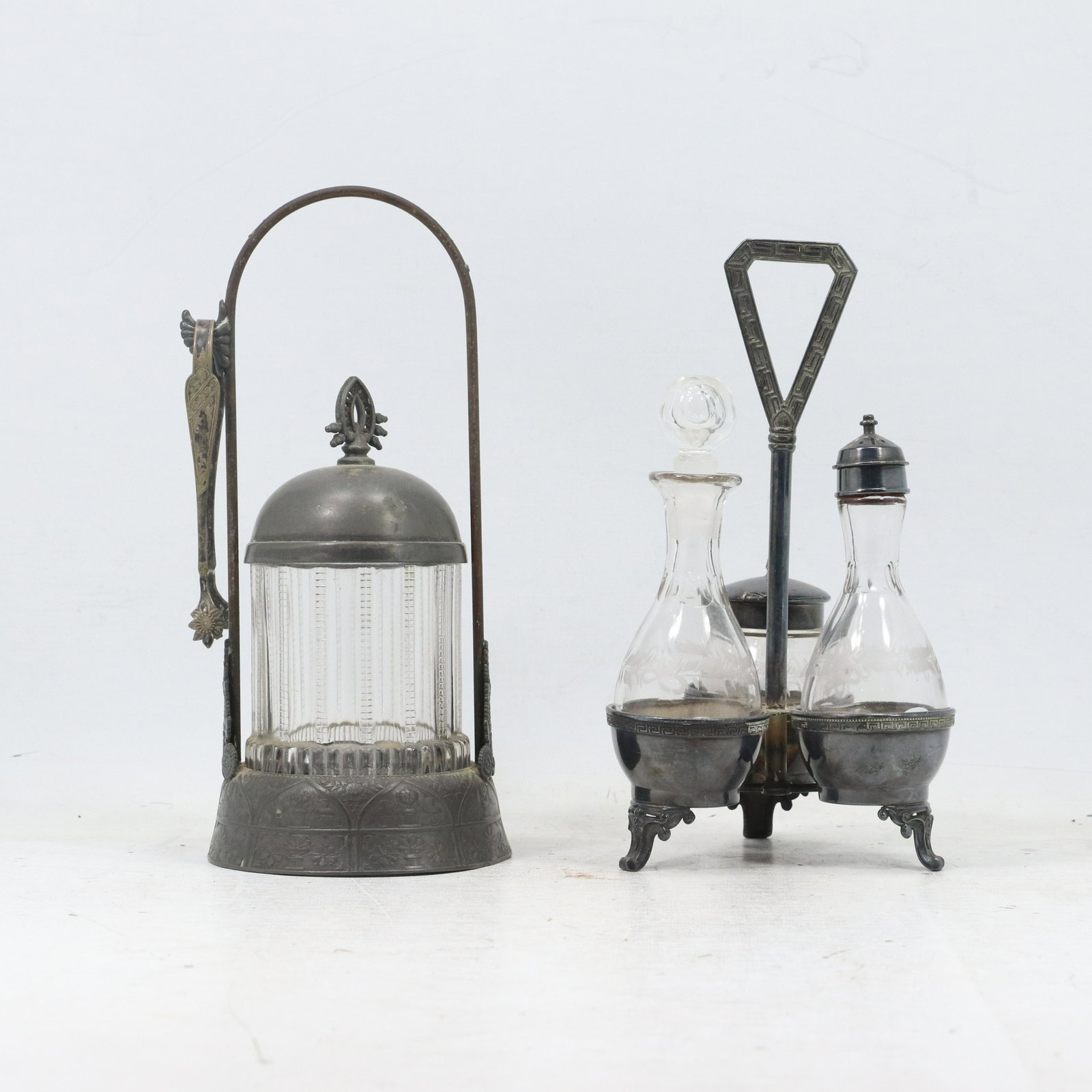 Silver Plate Pickle Castor and Condiment Set: Size: 10.5h 4.5w 9.5h 5w