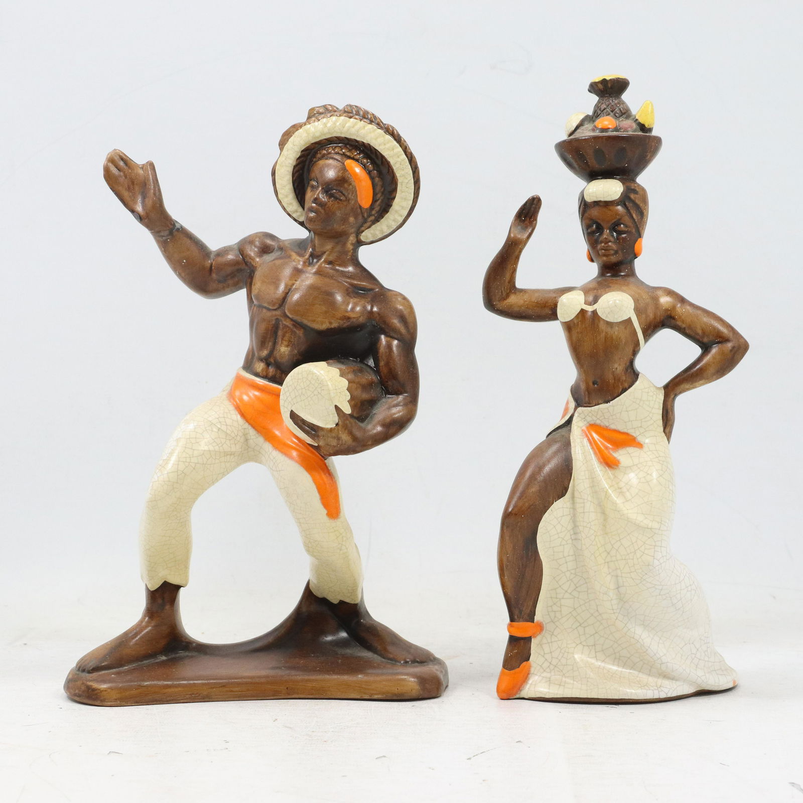 2 Vintage Ceramic Polynesian Figures Dancing Man, Woman (1 of 12)