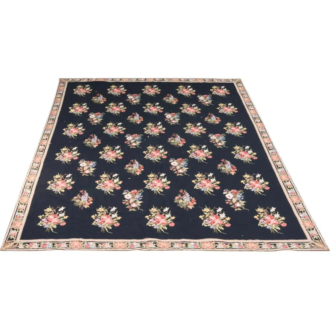 French Aubusson Floral Tapestry Rug Black Background (1 of 10)