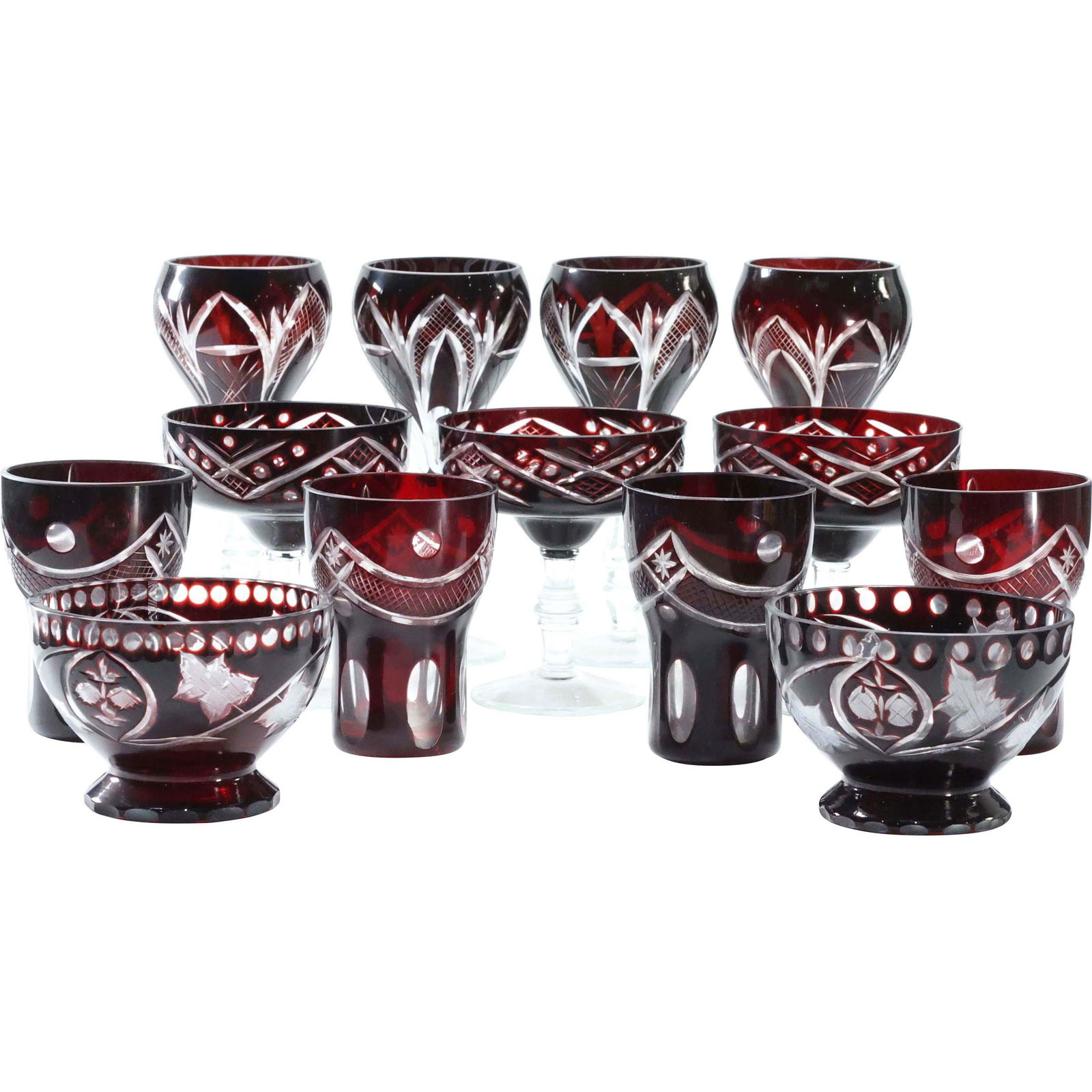 13 Pcs. Bohemian Red Cut to Clear Glasses & Bowls (1 of 20)