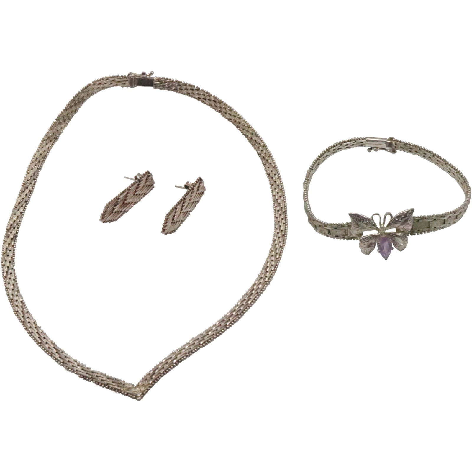 925 Sterling Silver "V" Necklace, 2 Bracelets, Earrings: .925 Sterling Silver "V" Necklace 1980s 16 1/2 in. x 1/4 in. ; , 2 Bracelets 7 in. and butterfly bracelet 7 in. x 1/2 in. ; , Earrings 1 1/8 in. x 1/4 in. .