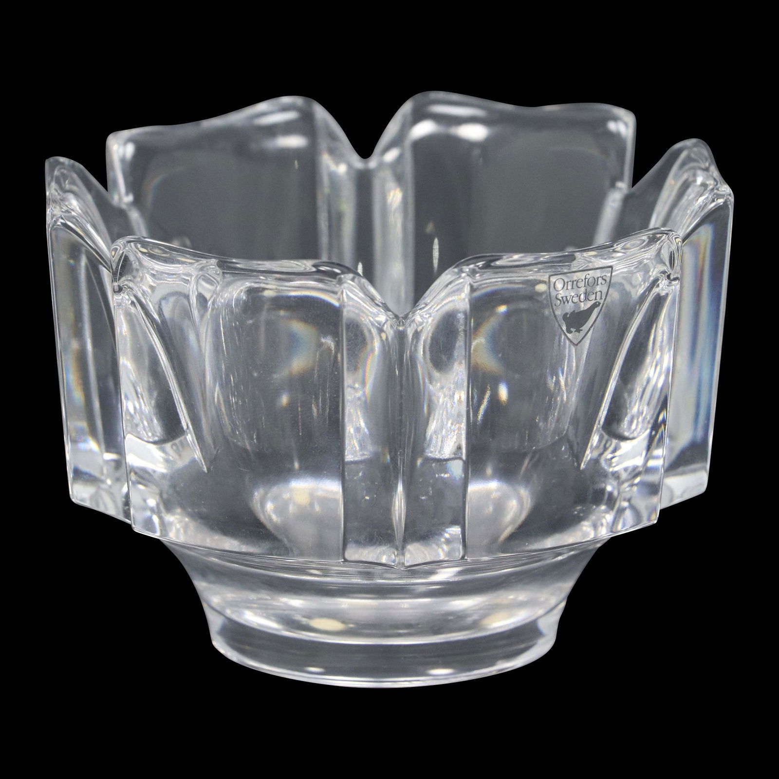 ORREFORS Sweden Crystal Glass Hexagon Bowl with Label: ORREFORS Sweden Crystal Glass Hexagon Bowl with Label. Signed on base. size: 3.5h 4.75w