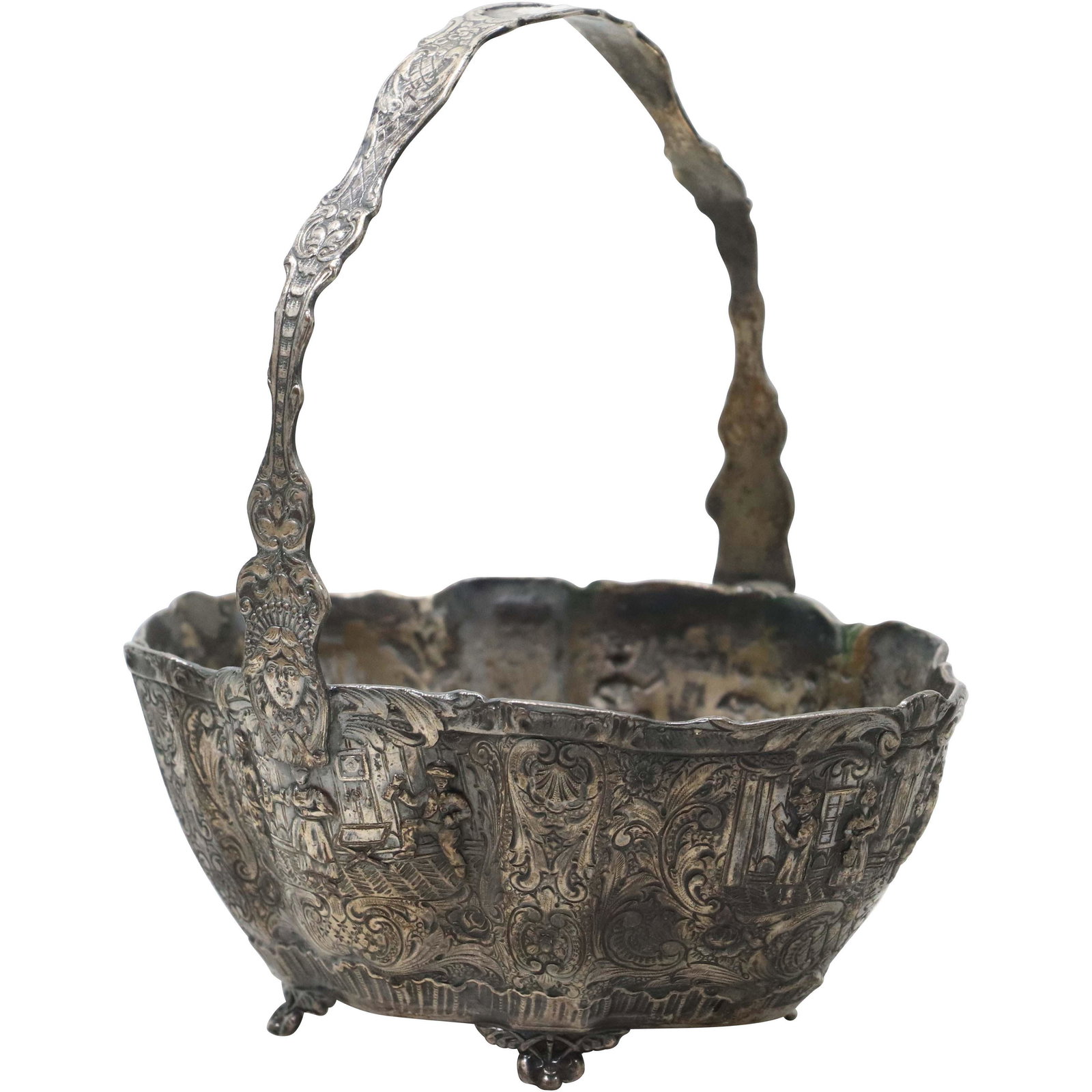 Silver Plate Basket with Ornate Figures Scene in Relief (1 of 9)