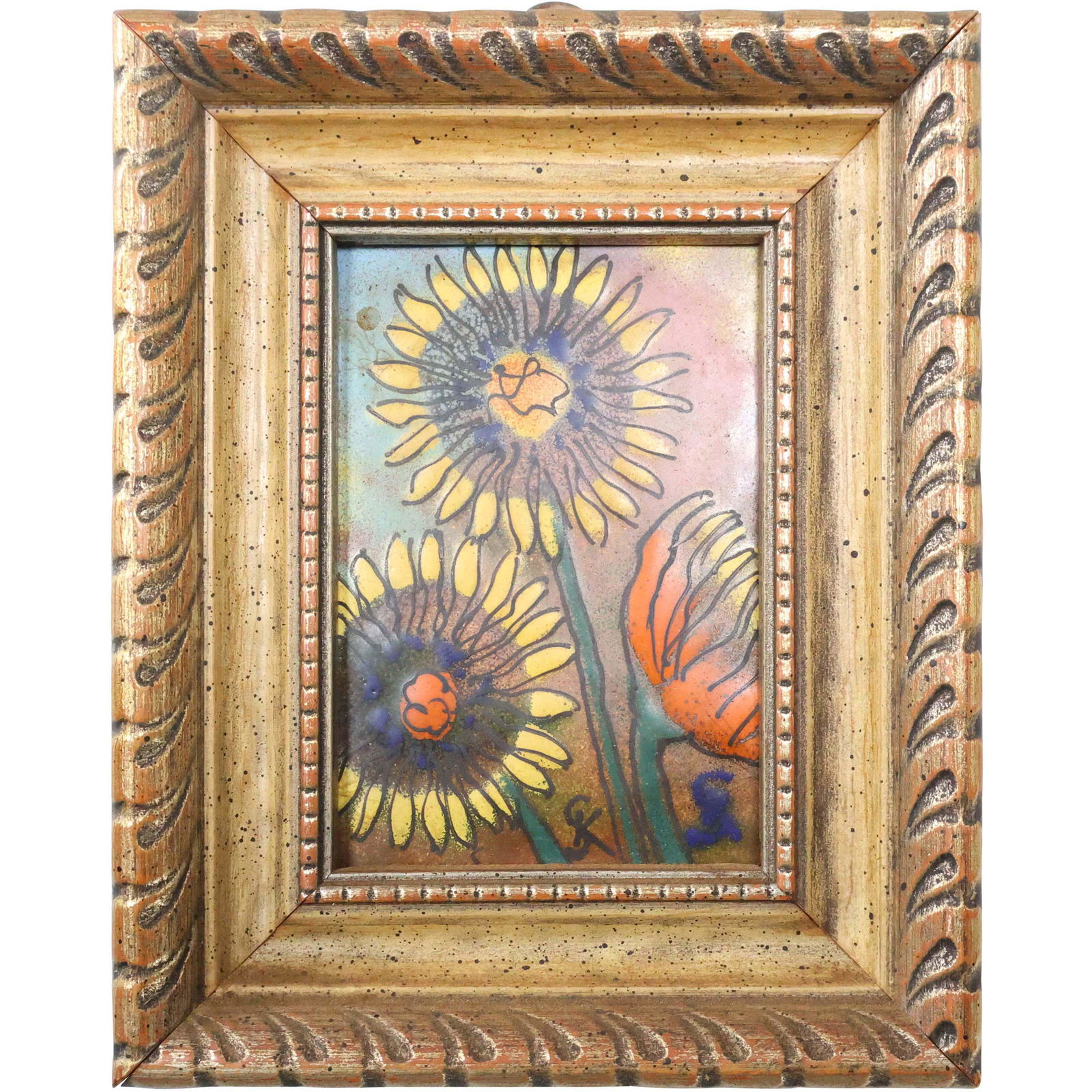 Signed SK, 1960s Enamel Art on Copper "Sunflowers" (1 of 7)
