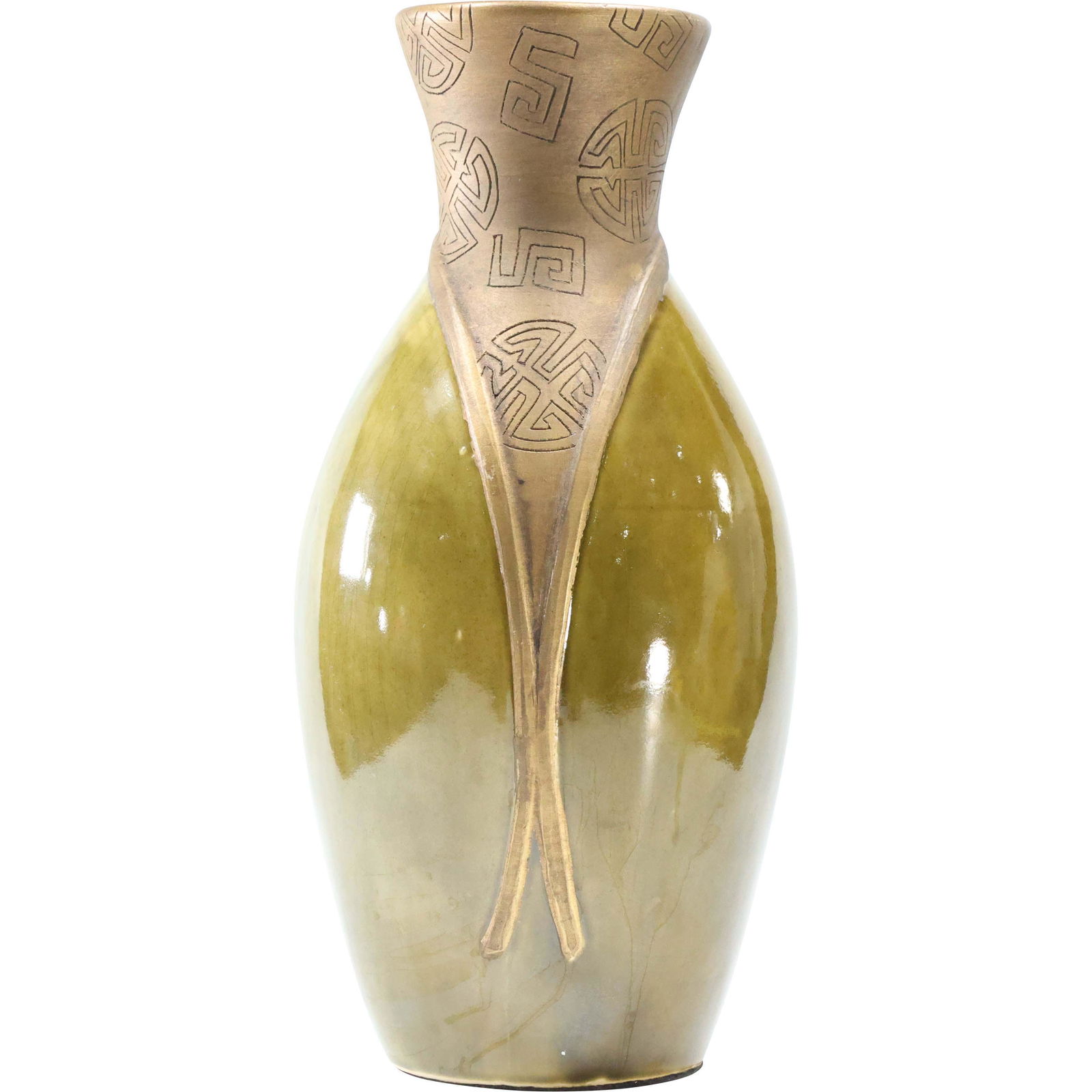 Unique Glazed Ceramic Asian Vase with Patterned Top (1 of 6)