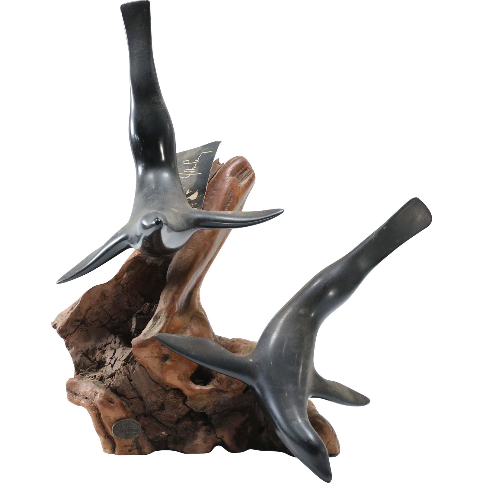 JOHN PERRY Two Black Seals on Wood Base Sculpture: JOHN PERRY Two Black Seals on Wood Base Sculpture. Original tags. size: 13.25 x 11.5