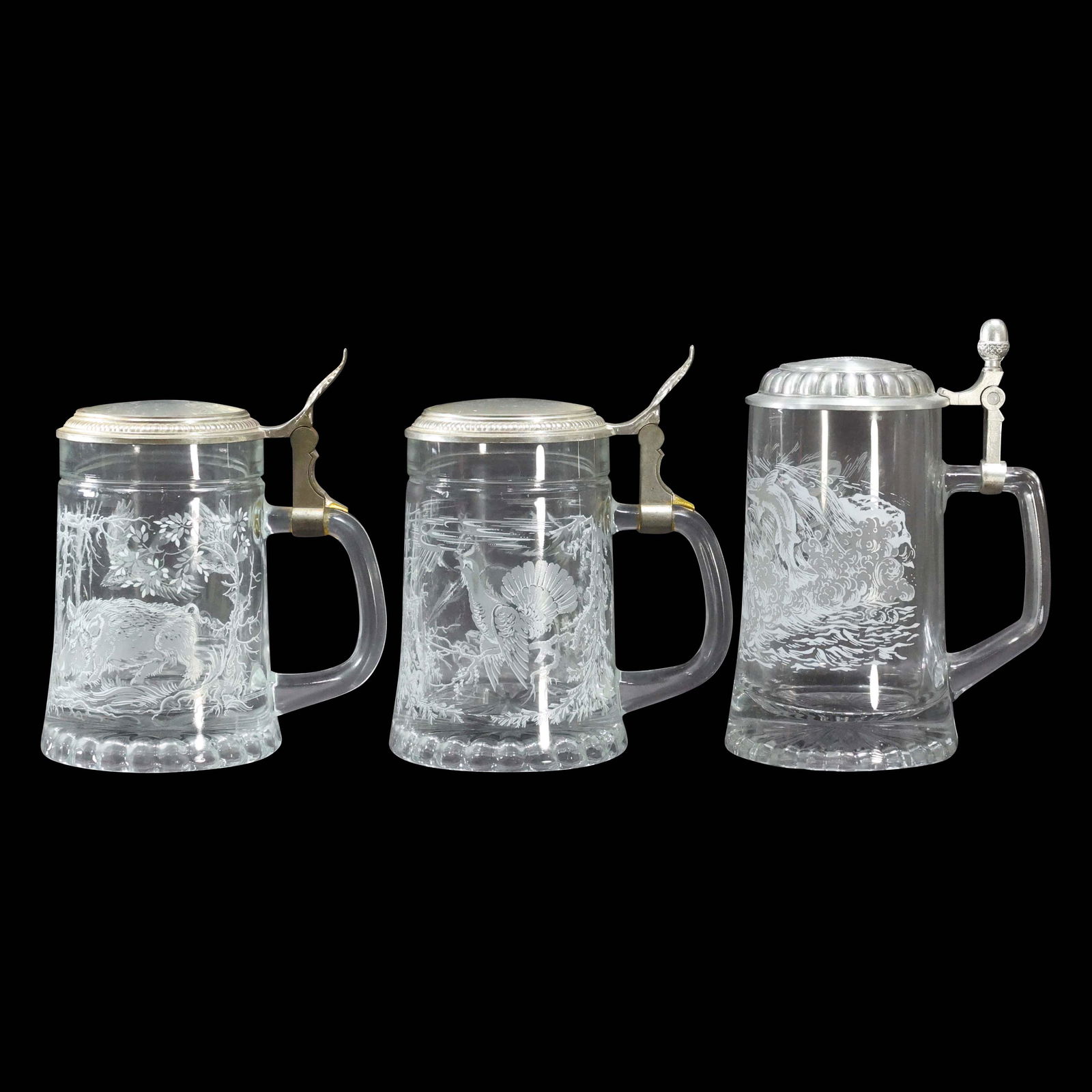 [3] German Glass Steins Etched Wild Boar, Turkey, Fish (1 of 14)