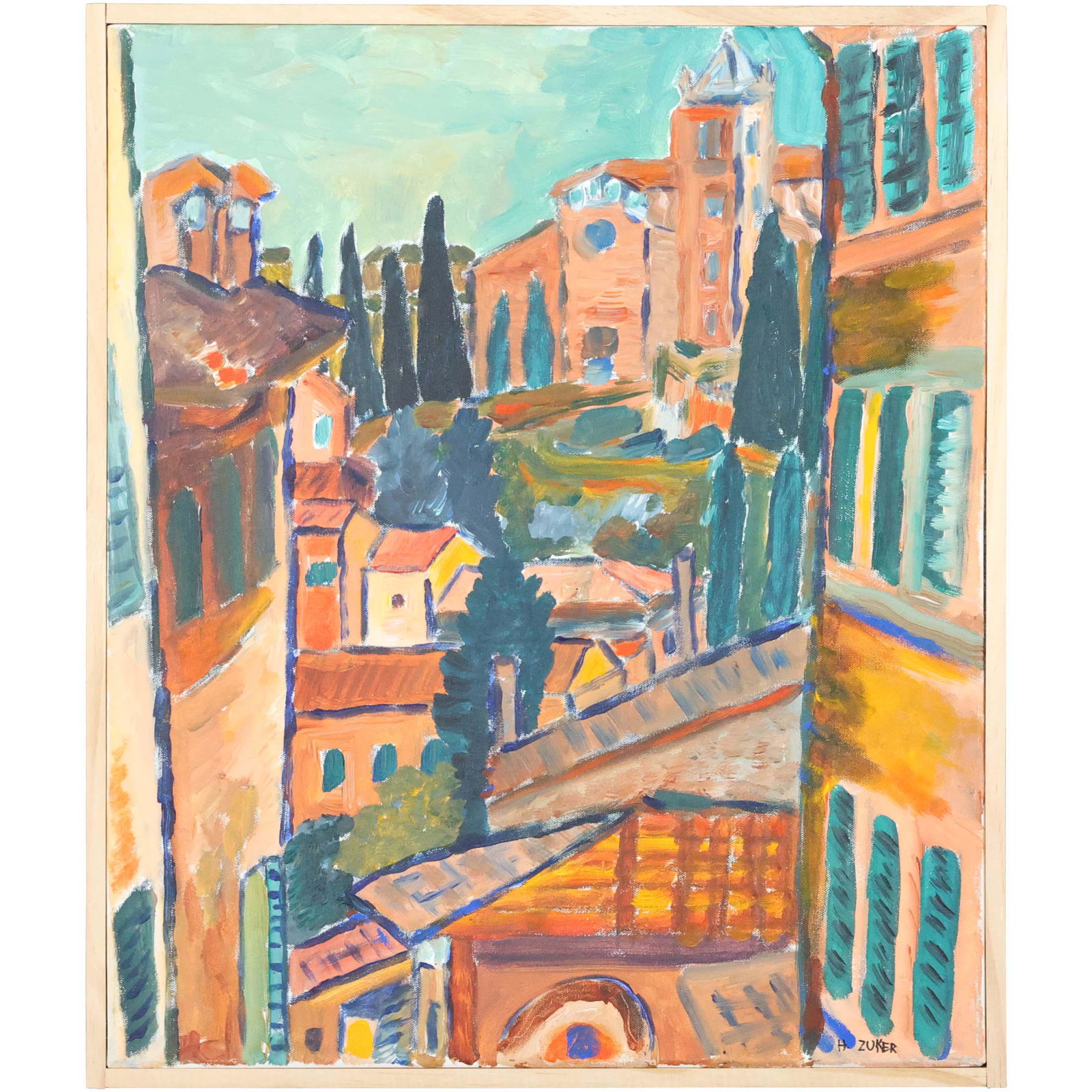 Herman Zuker, b. 1959, "Tuscan Town" Acrylic Painting: Herman Zuker, b. 1959, Polish / American, "Tuscan Town" Acrylic Painting on canvas, Signed, Circa 1990. size: 24 x 20, 25 x 21 outside frame