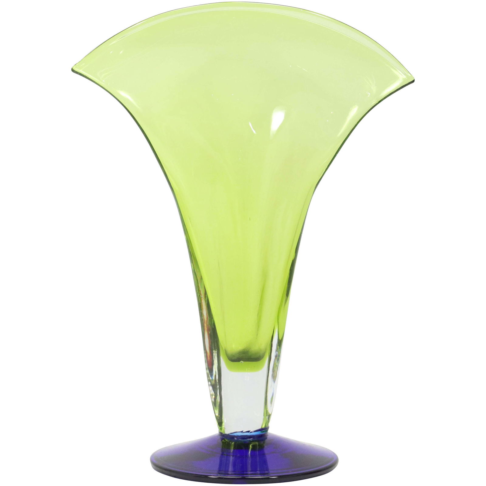 BLENKO Bright Yellow Glass Fan Vase on Blue Base (1 of 7)