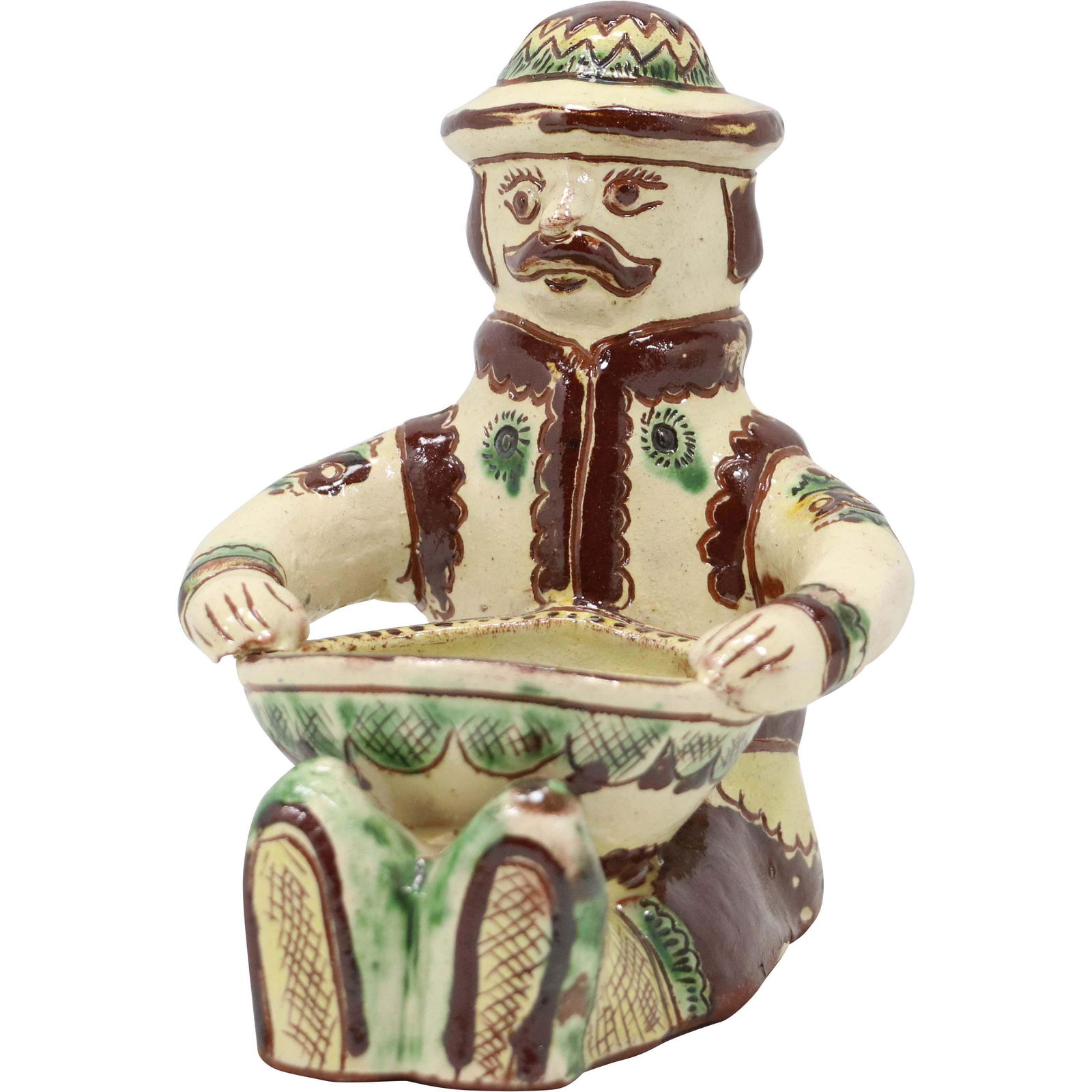 Redware Pottery Seated Man Holding Bowl Hand Painted: Redware Pottery Seated Man Holding Bowl Hand Painted. size: 6.75h 6.5w