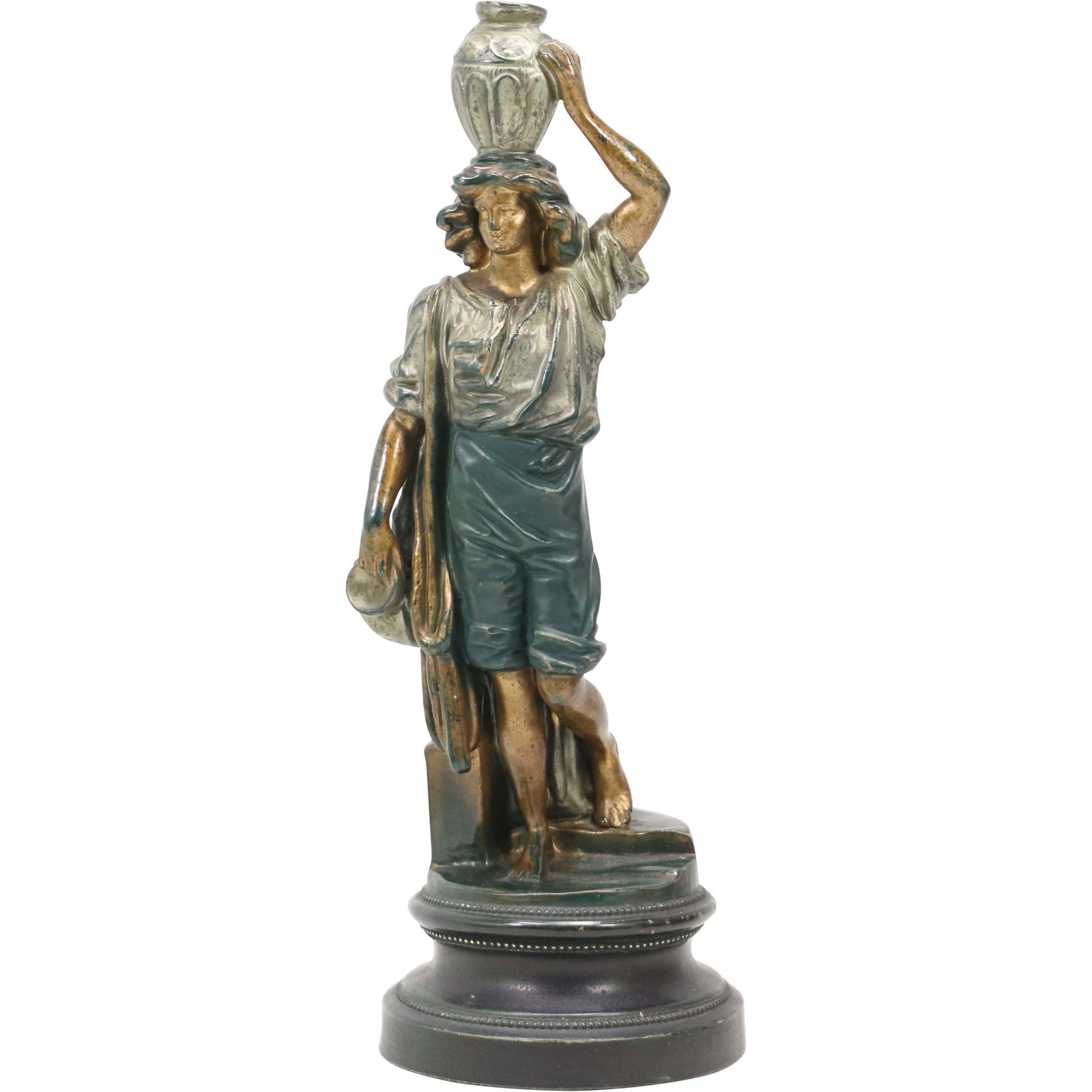 U & C Terra Cotta Renaissance Woman with Water Vessels: U & C Terra Cotta Renaissance Woman with Water Vessels. Marked on base U & C; Good polychromed patina finish. 19th C. Antique. size: 15h 5w
