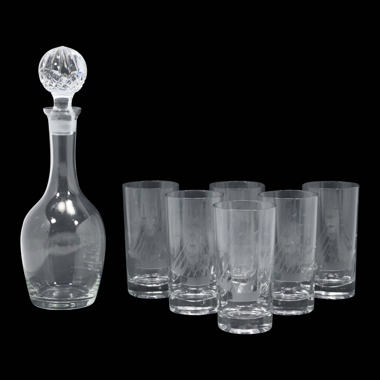 Liquor Decanter with 6 Tall Glasses Etched Tall Ships: Liquor Decanter with 6 Tall Glasses Etched Tall Ships. size: x6 cups 5.5h 2.75w pour 12.5h 4w