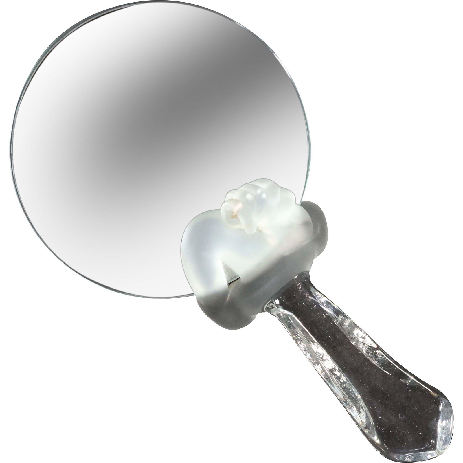 Signed RIKER Modern Sculptured Glass Handle Hand Mirror: Signed RIKER Modern Sculptured Glass Handle Hand Mirror. Signed, dated and original label. size: 13.5 x 7.25
