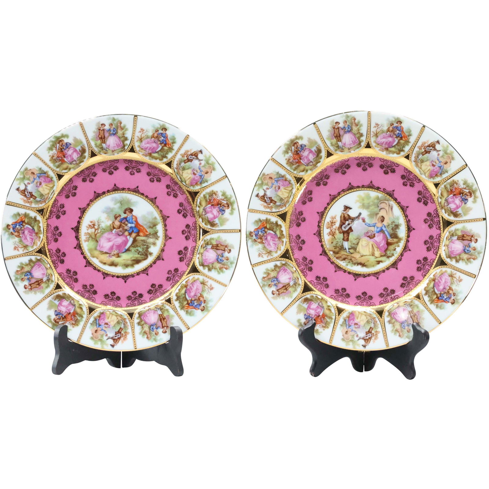 J K W Western Germany 2 Ornate Pink Plates Genre Scenes (1 of 16)
