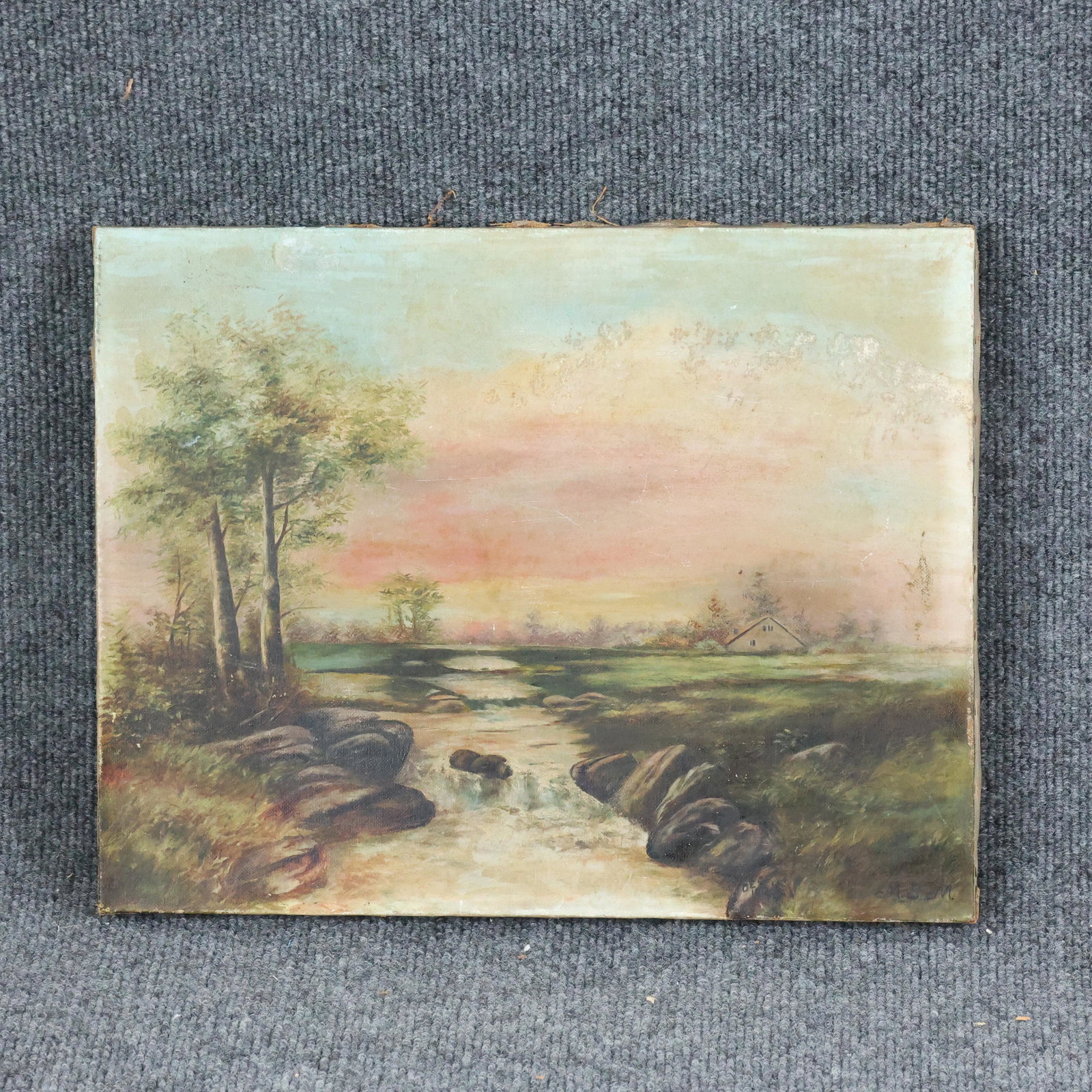 19th C. Antique Painting Landscape Stream Signed M B M (1 of 10)