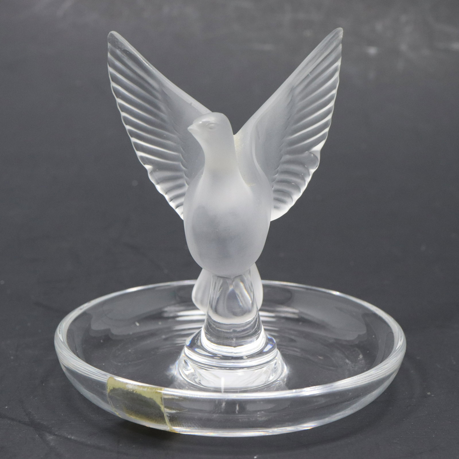 LALIQUE FRANCE Satin Glass Ring Holder Winged Dove: LALIQUE FRANCE Satin Glass Ring Holder Winged Dove. Signed Lalique France and also with label. size: 3.75h 3.75w
