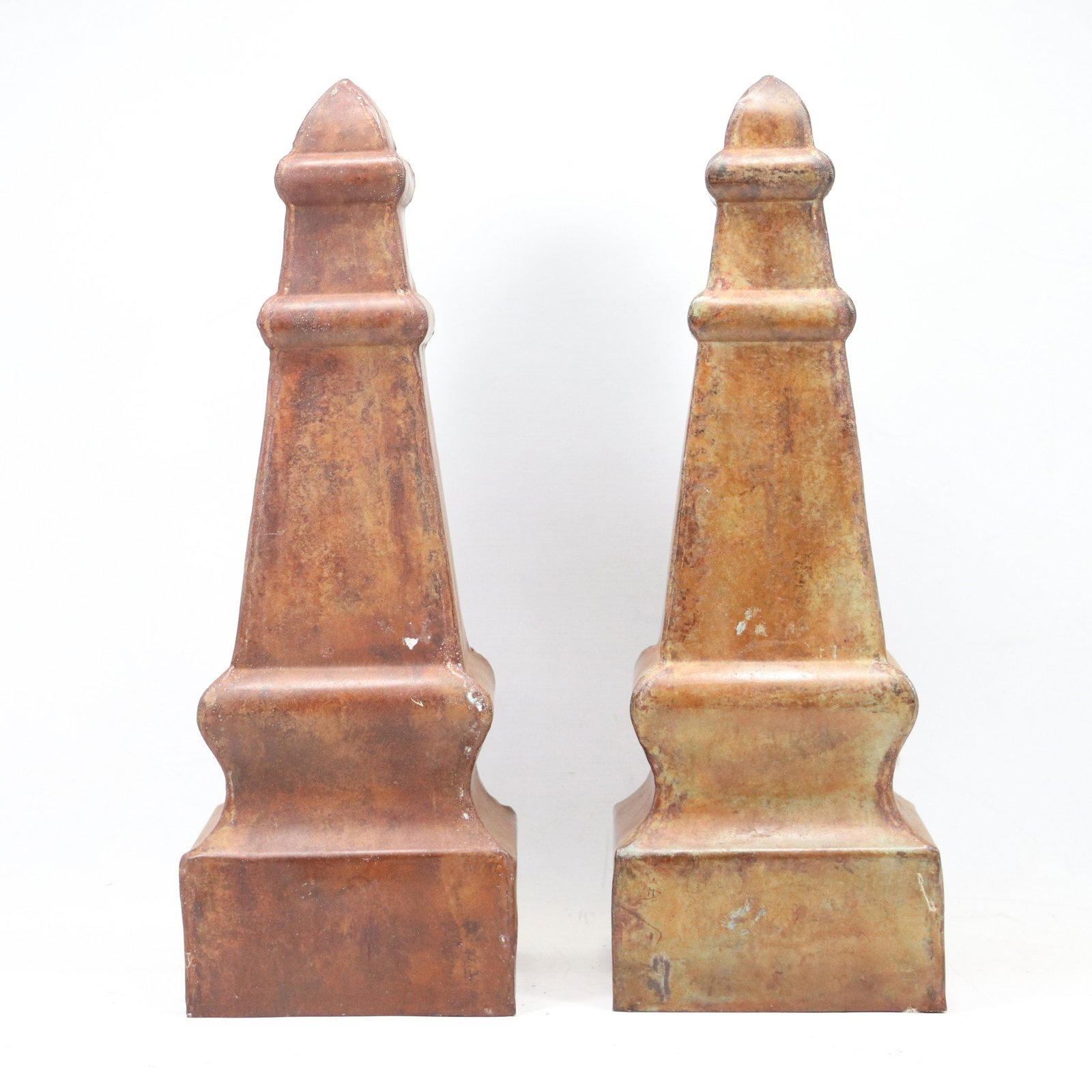 [2] Tin Metal Obelisk Form Architectural Garnitures: [2] Tin Metal Obelisk Form Architectural Garnitures. Good patina finish. size: 18h 6w