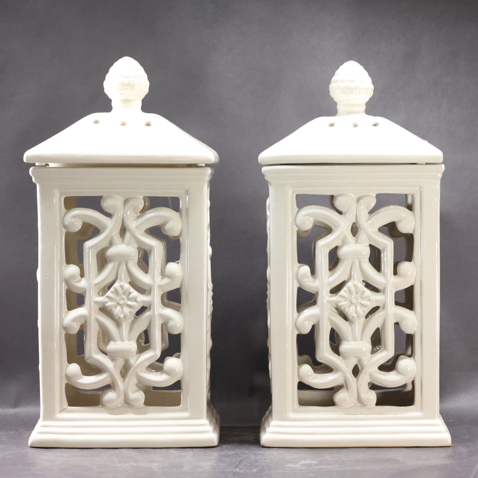 [2] White Porcelain Candle Lanterns Reticulated Panels: [2] White Porcelain Candle Lanterns Reticulated Panels. size: 14.25 x 7