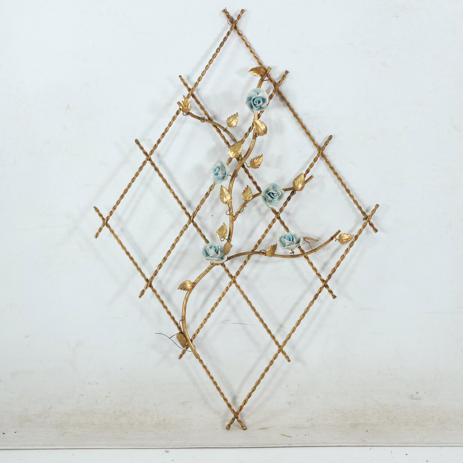 Gold Gilt Wire Wall Hanging with Porcelain Flowers (1 of 11)