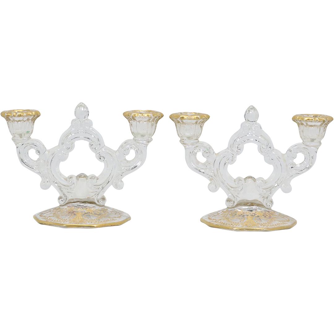 Pair Elegant Sinclair Glass Etched Double Candlesticks Gold Accents (1 of 10)