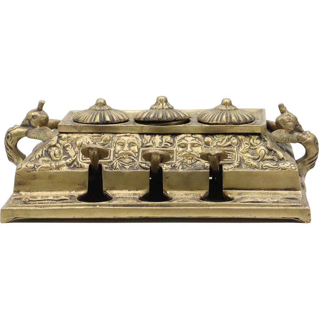 Unusual Victorian Brass Mechanical Triple Desk Top Inkwell (1 of 8)