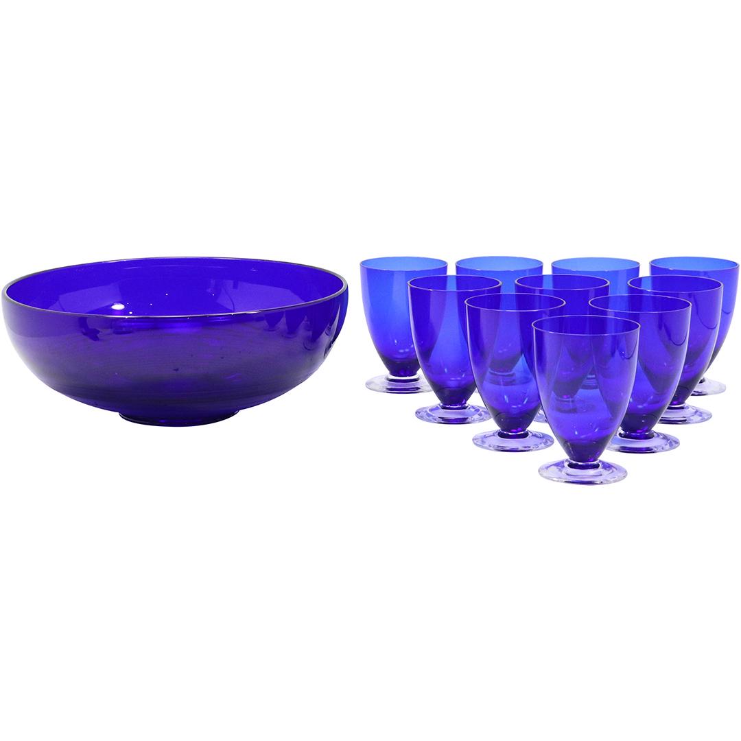 Cobalt Blue Glass Center Bowl with 10 Cobalt Blue Glass Goblets (1 of 17)