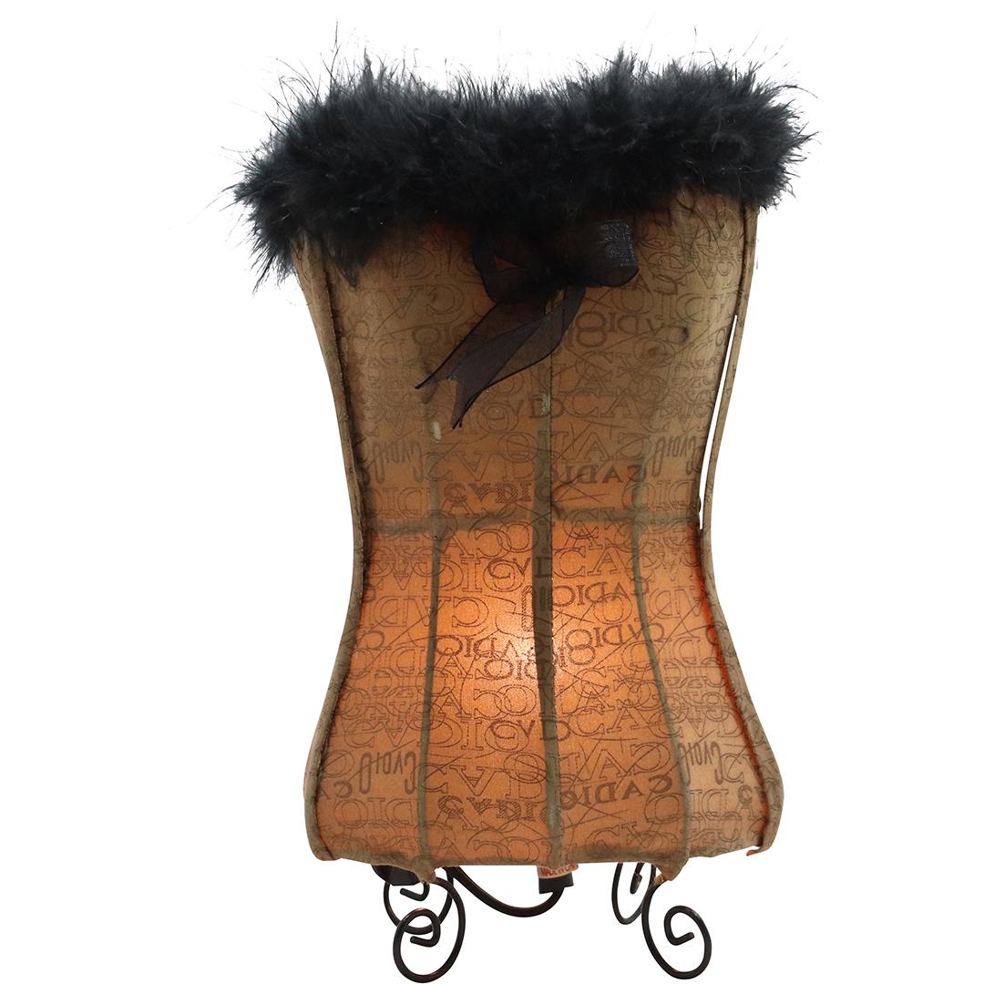 Novelty Fabric Torso Lamp with Black Fur Top: Novelty Fabric Torso Lamp with Black Fur Top. size: 11.5h 7w