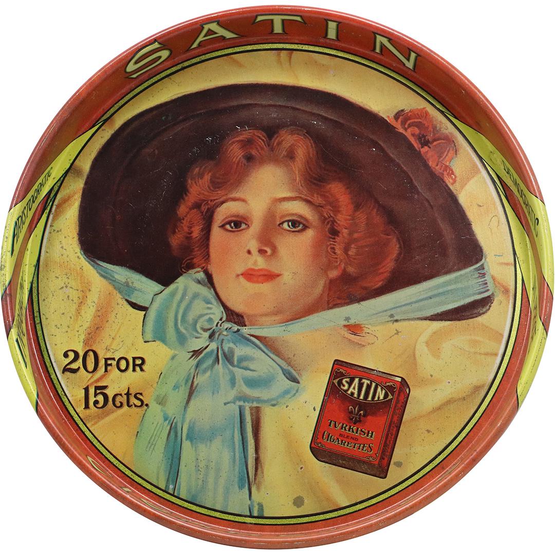 Tin Advertising Tray: "Satin Turkish Cigarettes 20 for 15 Cts" (1 of 9)