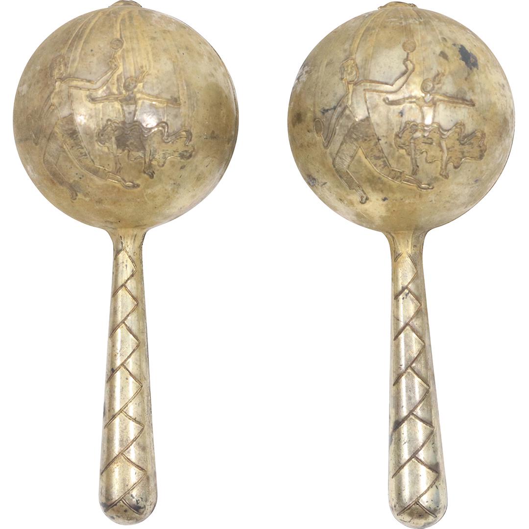 2 Mexican Silver Maracas Hand Held Instrument Tooled Figures Design (1 of 10)