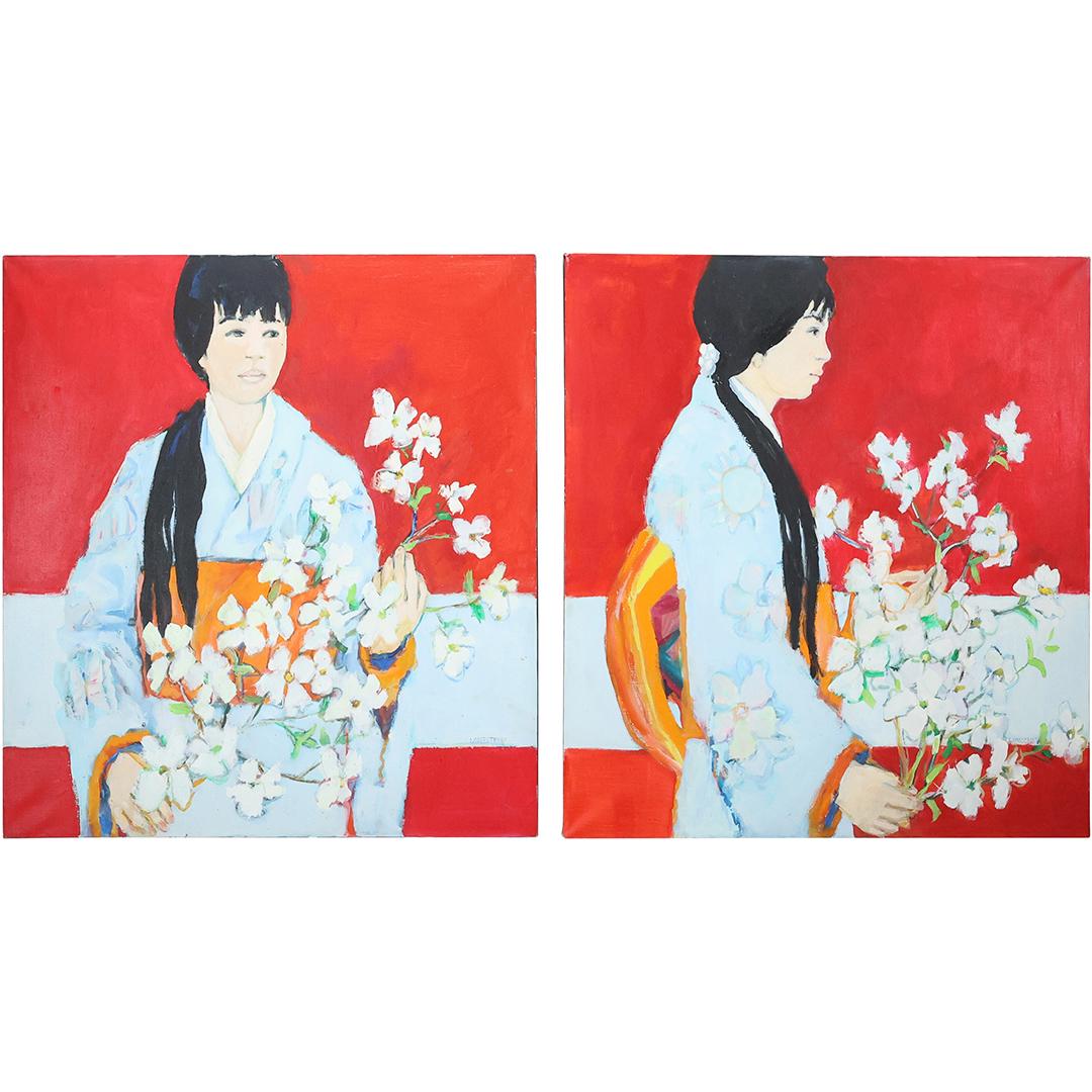 Maybelle Longstreet 1919-1995, [2] Asian Girl holding fresh flowers Paintings. Oil on canvas (1 of 20)