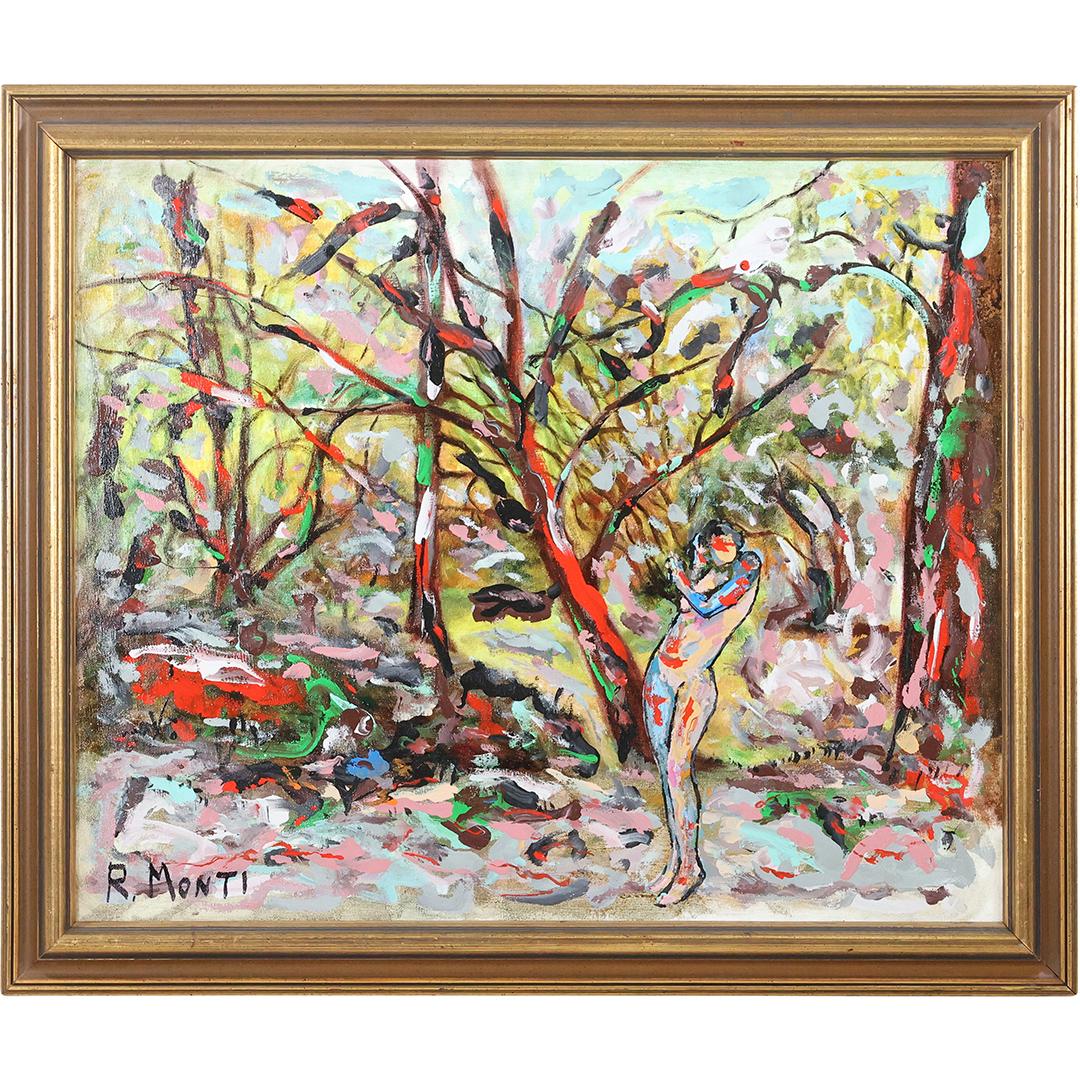 Rocco Monticolo, R Monti, Oil/c, Nude in Wooded Landscape Abstract. Oil/c Painting. Signed, Framed.: Rocco Monticolo, R Monti, Oil/c, Nude in Wooded Landscape Abstract. Oil on canvas Painting. Signed, Framed. Well Listed American Artist. size: 20 x 24, 23.5 x 28 outside of frame. ASKart: Rocco Montic