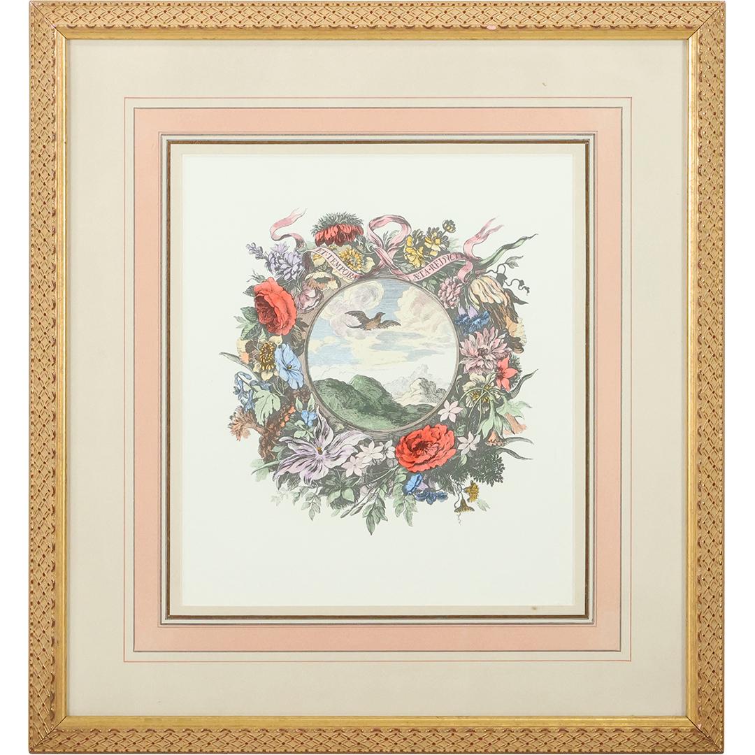 Et Tempora Laeta Reducin Color Engraving Botanical Wreath, Vintage. Framed (1 of 11)