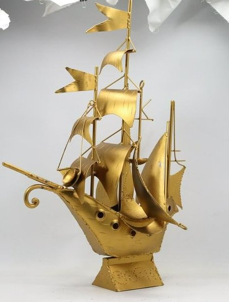 29 in. Tall Gold Gilt Metal Spanish Galleon Ship Sculpture - Good Patina Finish: 29 in. Tall Gold Gilt Metal Spanish Galleon Ship Sculpture - Good Patina Finish. size: 29h 21w